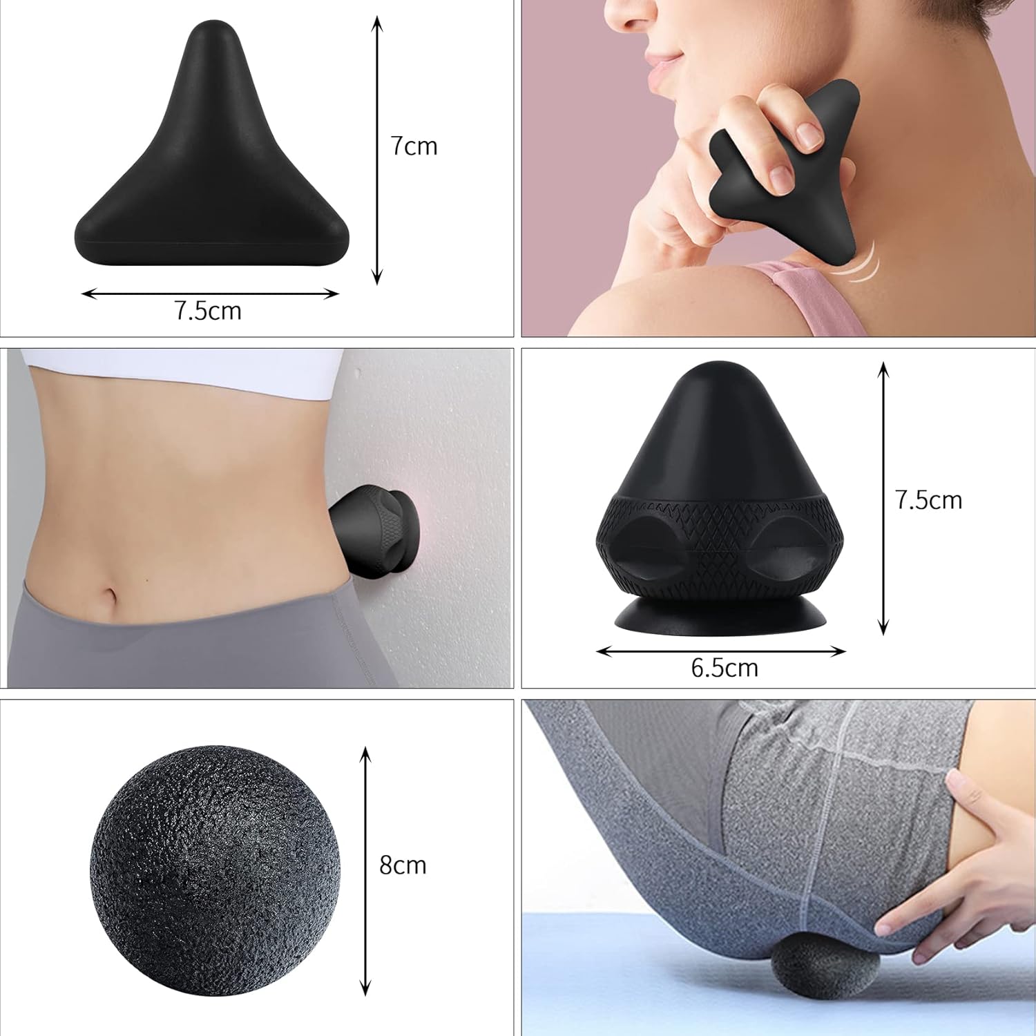 Triggerpunkt-Rakel-Massagegerät + Faszienball, schmerzfreies Press-Set mit Saugnapf und Tasche für Muskelschmerzen und Verspannungen, Osteopressur-Quetsch-Massagegerät zur Selbstmassage (schwarz) – Bild 2