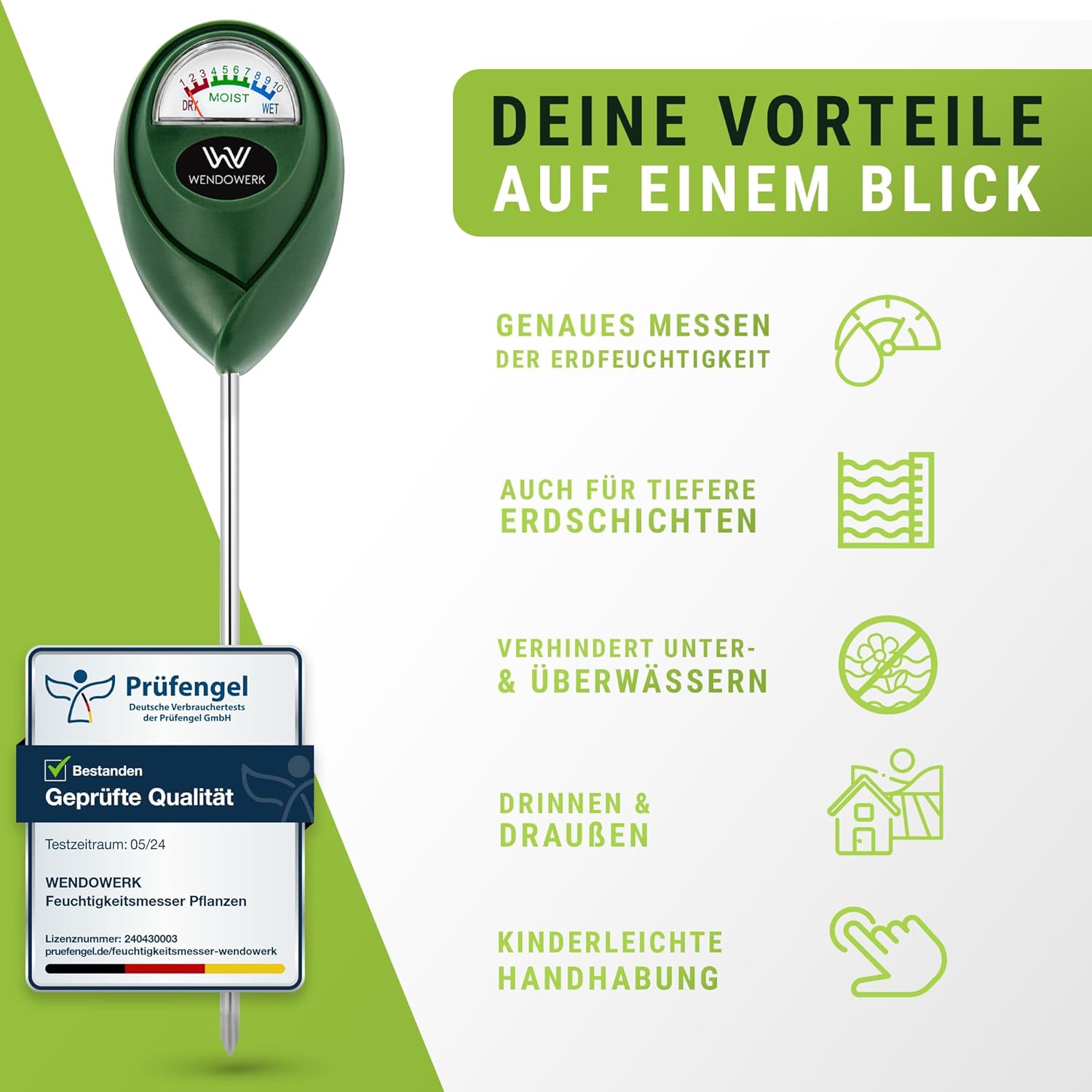Wendowerk® Bodenfeuchtemessgerät für Pflanzen – (Grün/Schwarz) – ohne Batterien – verbessertes Feuchtigkeitsmessgerät für Pflanzen (2024) – Premium-Bodentester – Bild 4