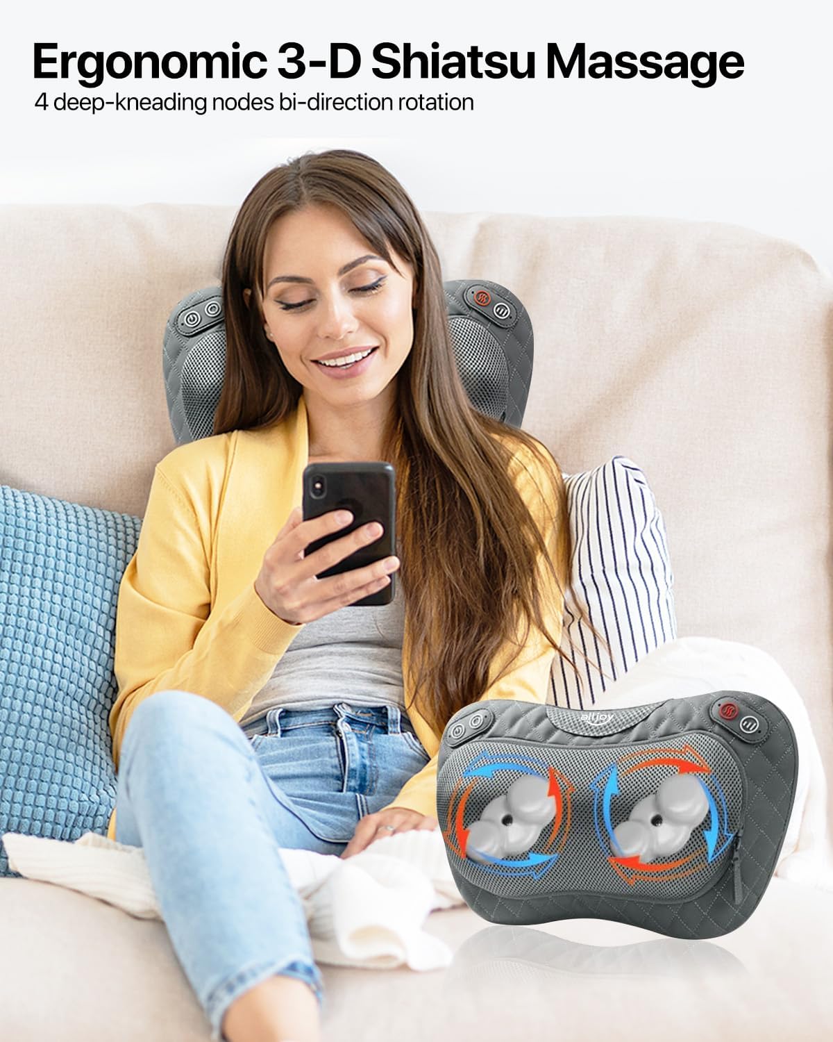 Kabelloses Massagekissen mit Wärmefunktion, Shiatsu-Massagegerät für Nacken und Rücken, 3D-rotierende Massageköpfe, wiederaufladbarer Akku, PU-Leder, tragbar für Zuhause, Büro, Auto, Geschenk für Männer und Frauen – Bild 3