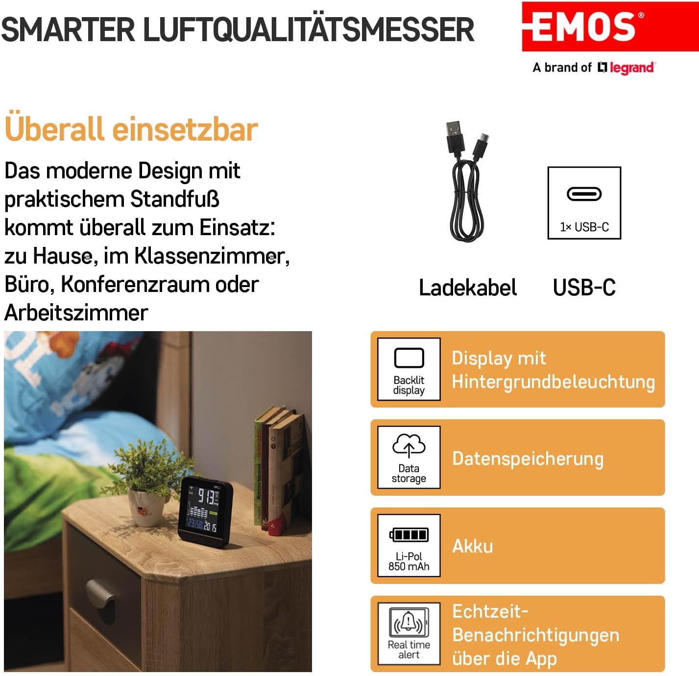 EMOS GoSmart – Smart Home Luftqualitätsmonitor mit App – WLAN – Farbdisplay – CO2-Messgerät – Temperatur- und Luftfeuchtigkeitssensor – USB-C-Netzteil – TUYA, SmartLife-kompatibel – Schwarz – Bild 3
