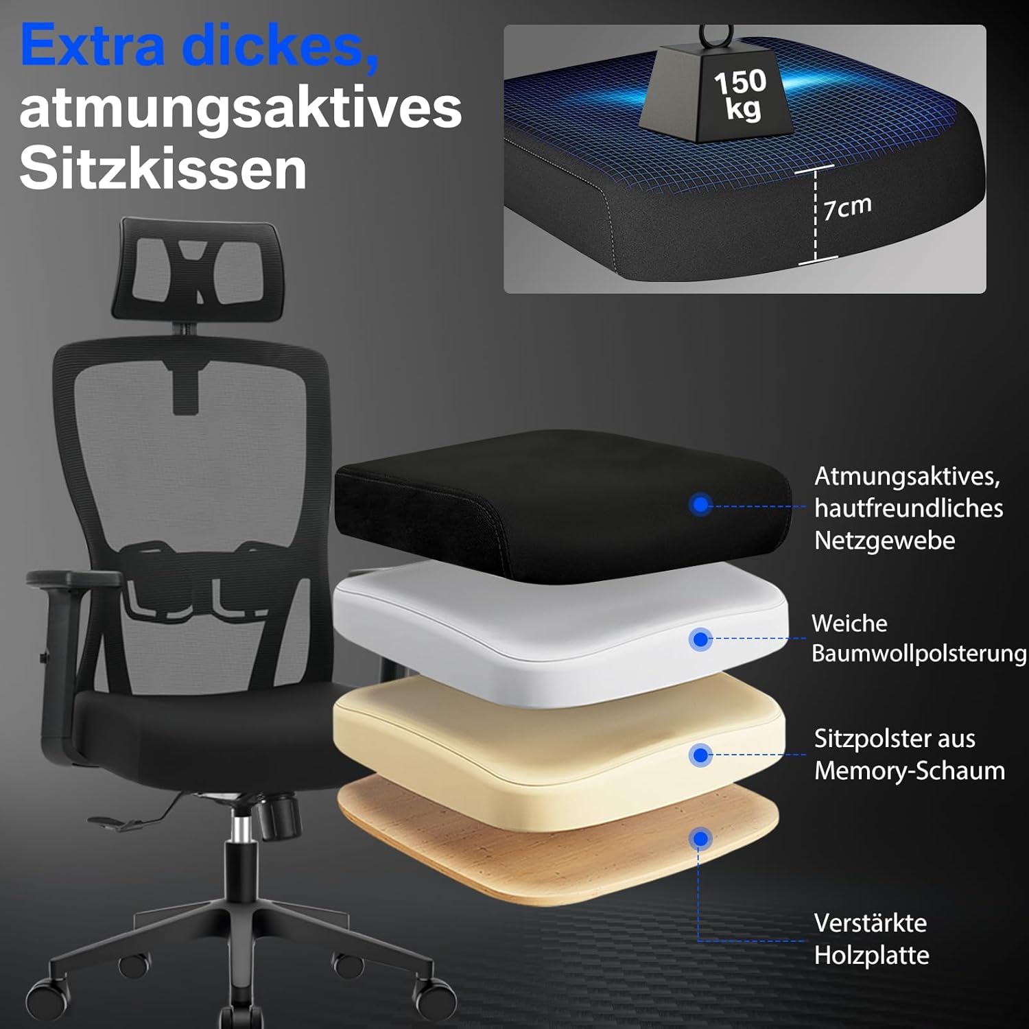 Durrafy Ergonomischer Bürostuhl, Schreibtischstuhl mit hoher Rückenlehne, verstellbarer Lordosenstütze, Kopfstütze & Armlehnen, Drehstuhl mit Liegefunktion, Bürostuhl bis 150 kg belastbar, Schwarz – Bild 8