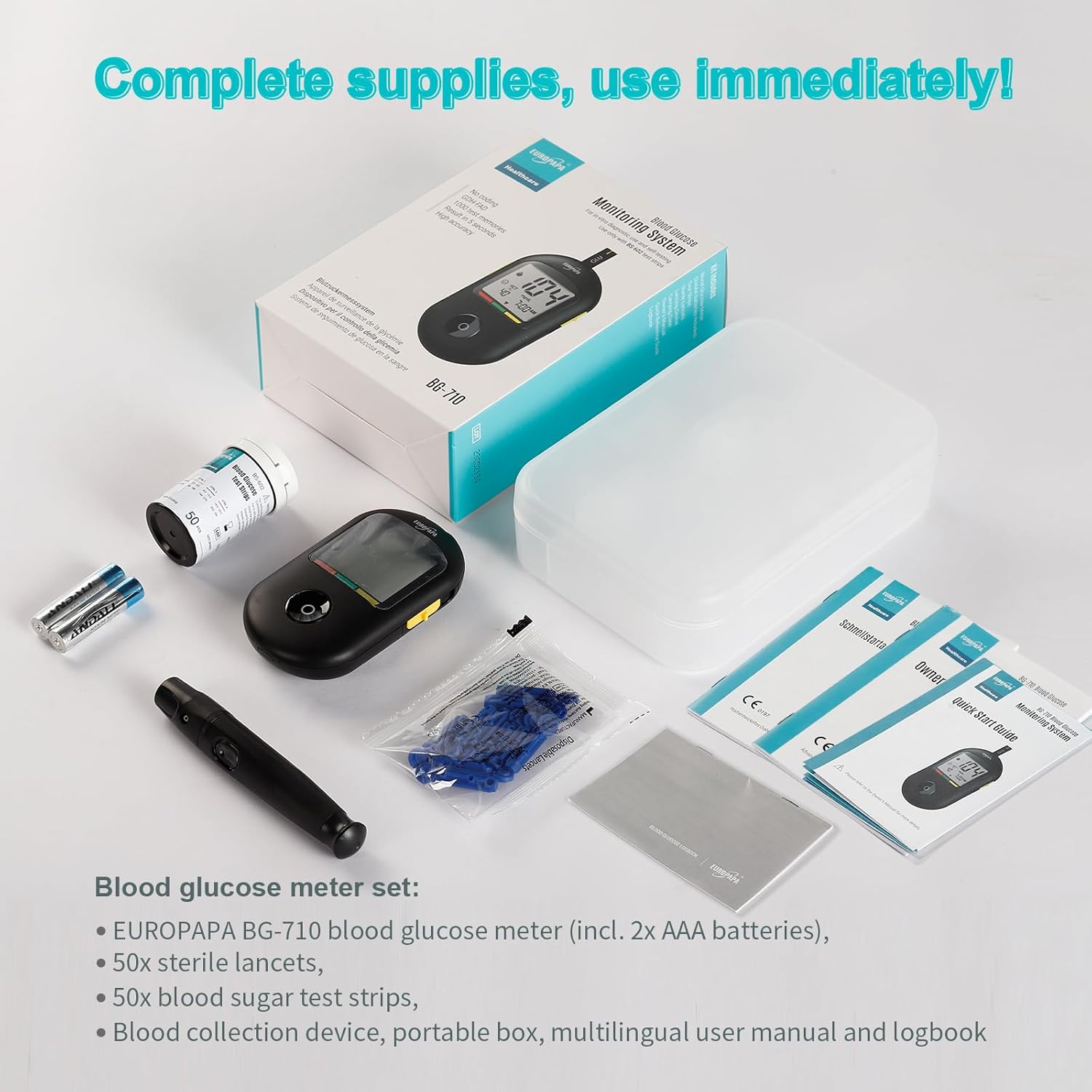 EUROPAPA Blutzuckermessgerät mit Blutzucker-Teststreifen, Blutlanzetten und Stechhilfe, Blutzucker-Messsystem Diabetes-Set mg/dL zur Blutzucker-Selbstkontrolle, 50 Stück Lanzetten- & BZ-Streifen (schwarz) – Bild 2