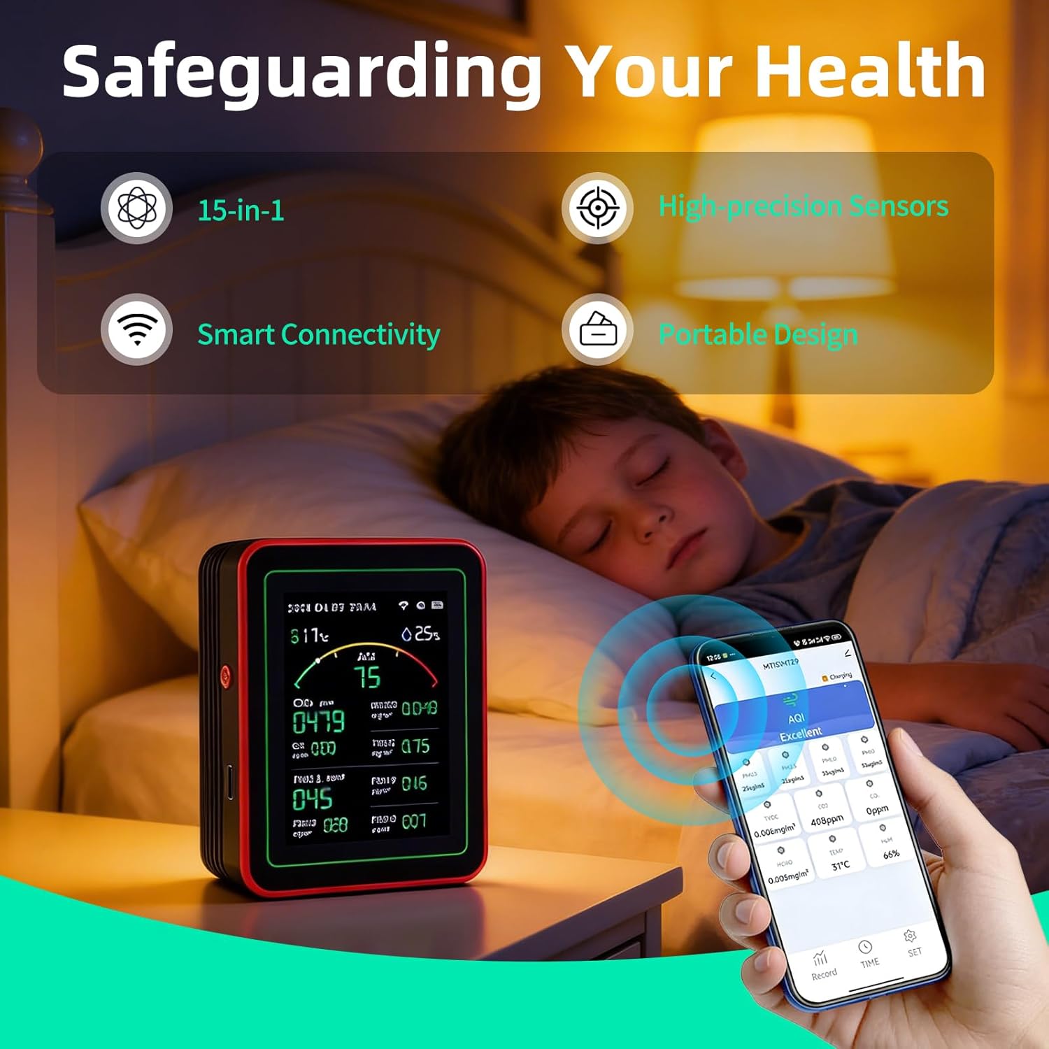 Raumluftqualitätsmonitor, 15-in-1-WLAN-Smart-Luftqualitätsmonitor mit App-Steuerung, erkennt PM2,5, PM10, PM0,3, PM1,0, CO2, CO, TVOC, HCHO, Temperatur, Luftfeuchtigkeit für Zuhause – Bild 4