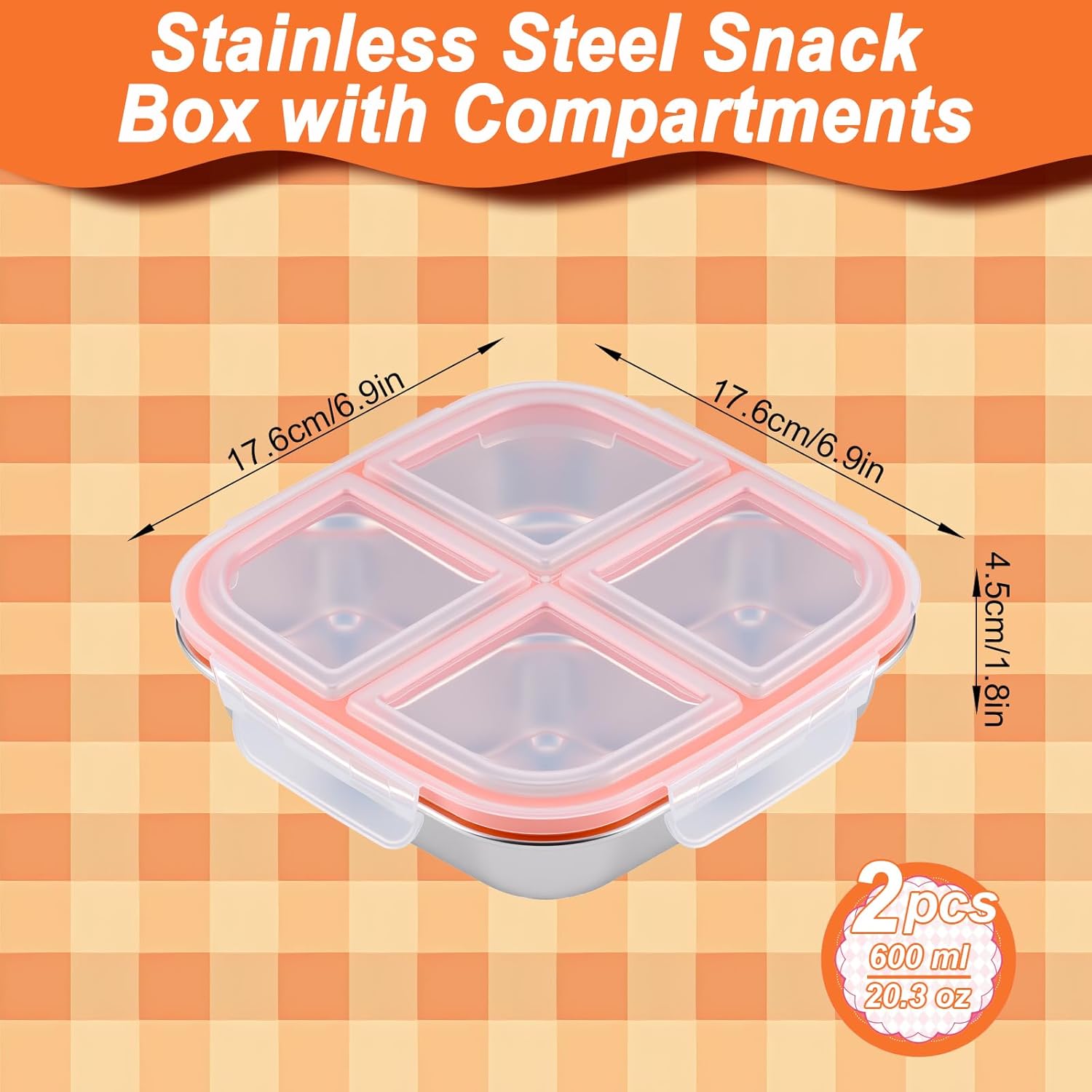 2 Stück Snackboxen mit Fächern aus Edelstahl, wiederverwendbare Snackbox für Kinder und Erwachsene, Meal-Prep-Behälter, Kinder, auslaufsichere Metall-Bento-Box mit Deckel für Schule, Arbeit & Camping (600 ml) – Bild 8