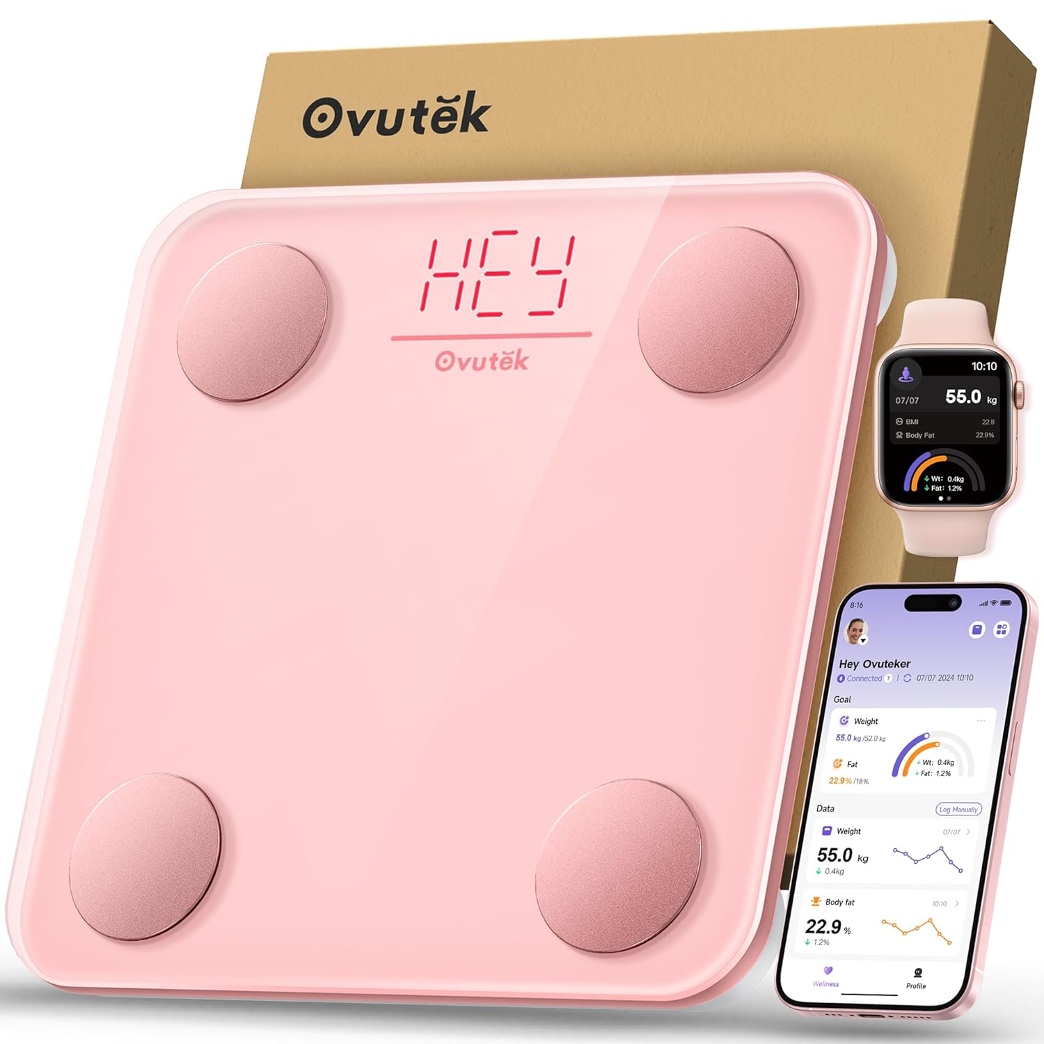 Ovutek Personenwaage Körperfettwaage für Körperfett, Körperwaage Digital mit Frei Smartphone-App BMI-Waage Genaue 14 Körperzusammensetzung, Hellrosa Waage Personen 180kg
