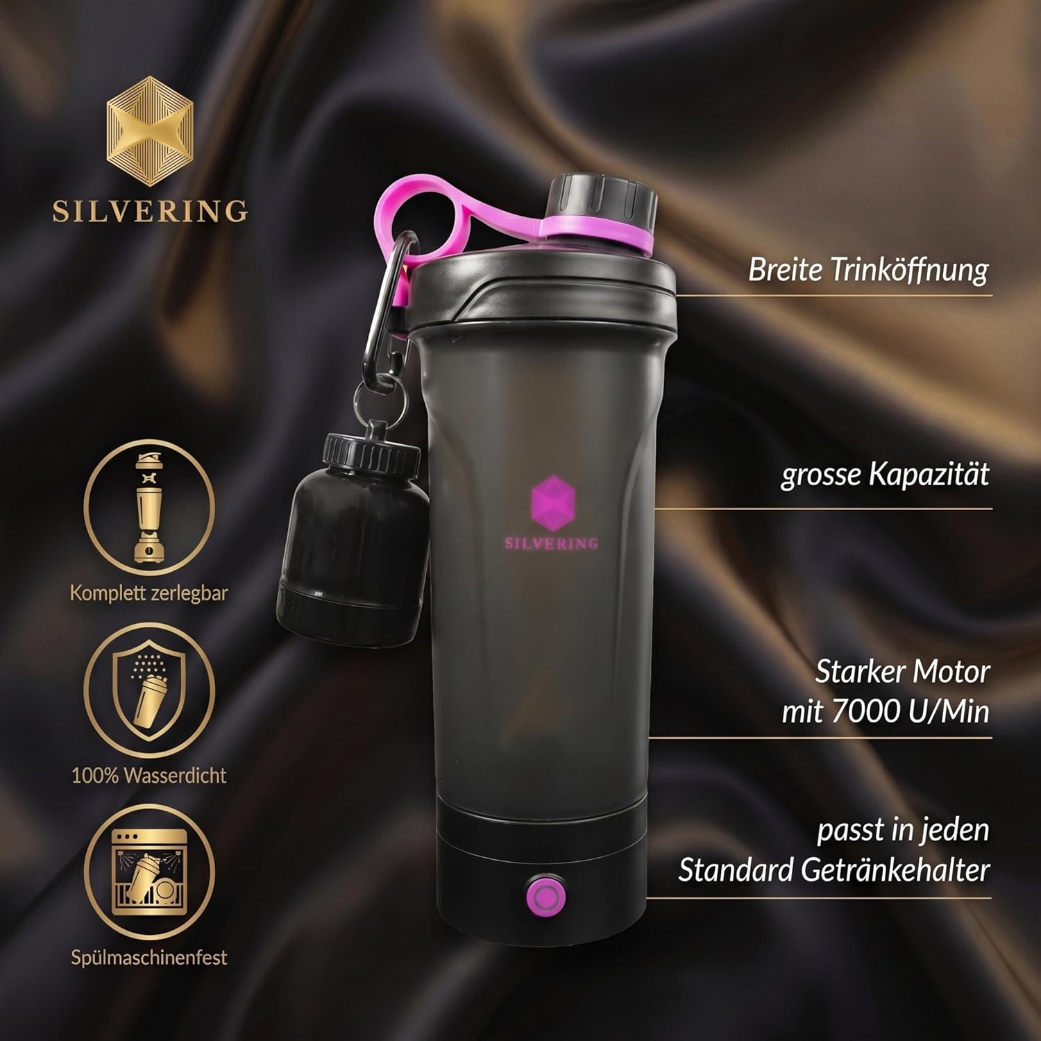 Silvering Elektro-Shaker, spülmaschinenfest, Protein-Shaker mit abnehmbarer Motoreinheit, USB-C wiederaufladbar, Trainingsflasche, BPA-frei, 600 ml, Protein-Shaker elektrisch (lila) – Bild 7