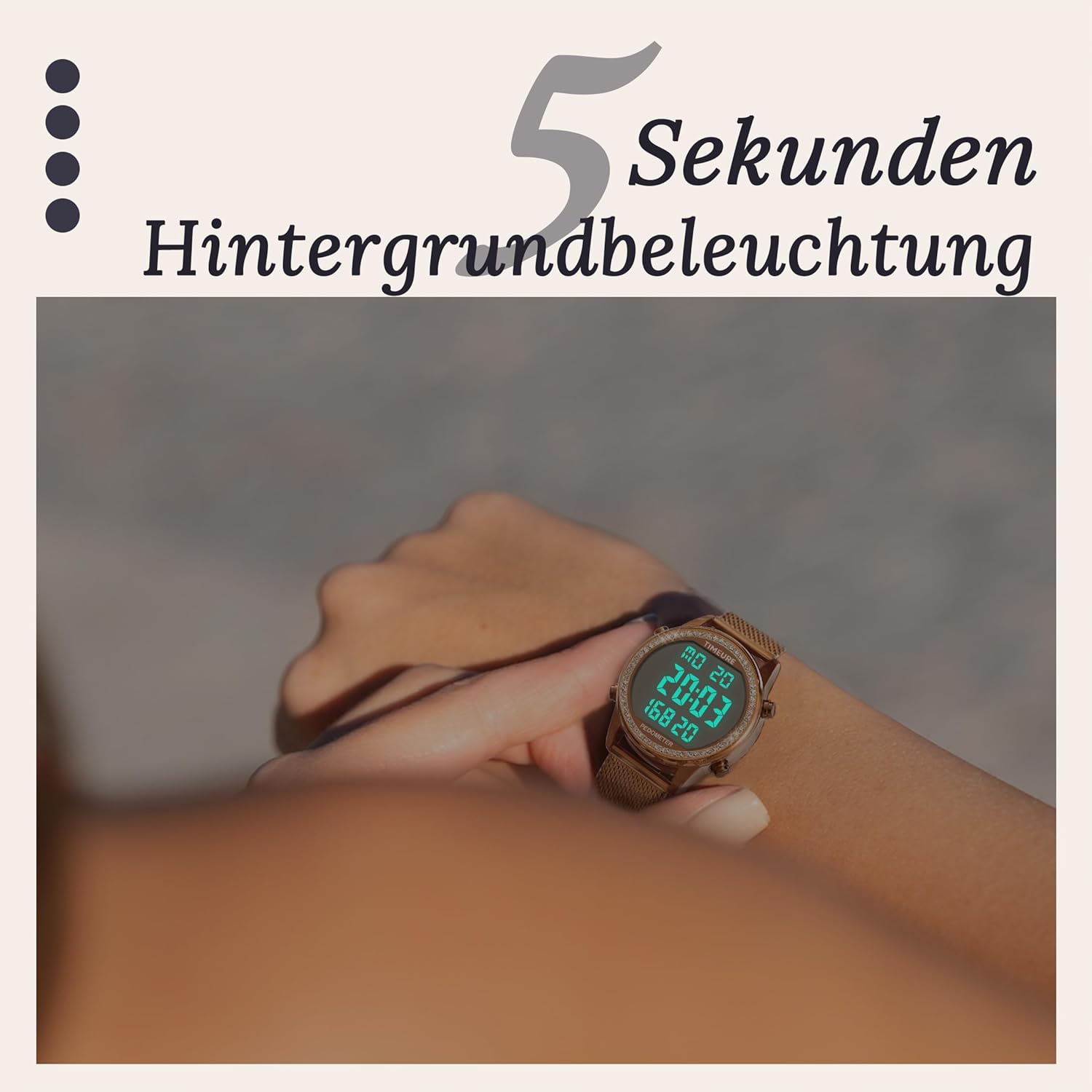 TIMEURE Damen Schrittzähler Uhr, Stilvolles Design, gut ablesbar, zeichnet Kalorien, Schritte, Kilometerstand, Countdown und Alarm auf, mit Hintergrundbeleuchtung, TU-2401 – Bild 4