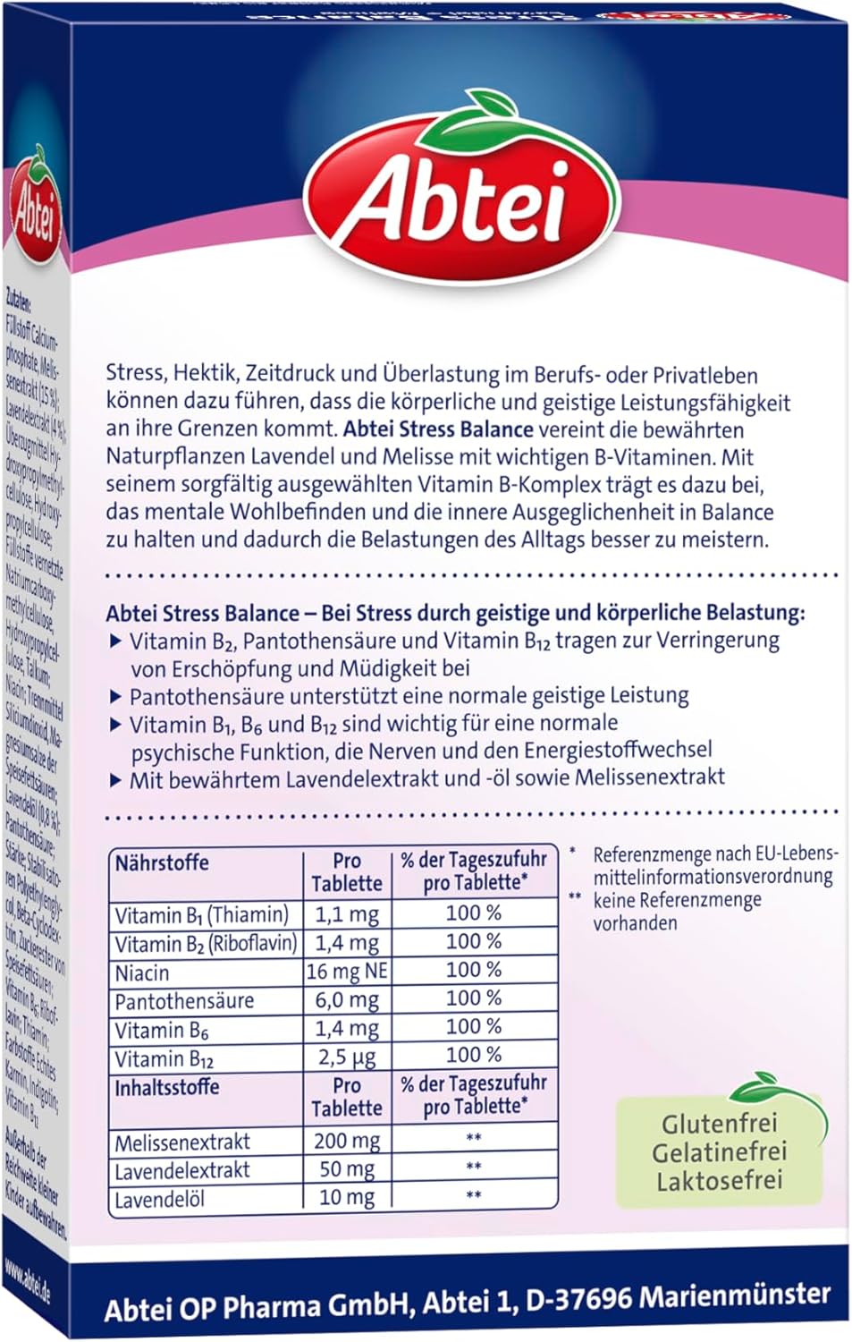 Abtei Stress Balance – mit Lavendel + Melisse – bei Stress durch geistige und körperliche Belastung – mit B-Vitaminen – glutenfrei, laktosefrei, gelatinefrei – 1 x 30 Tabletten – Bild 4