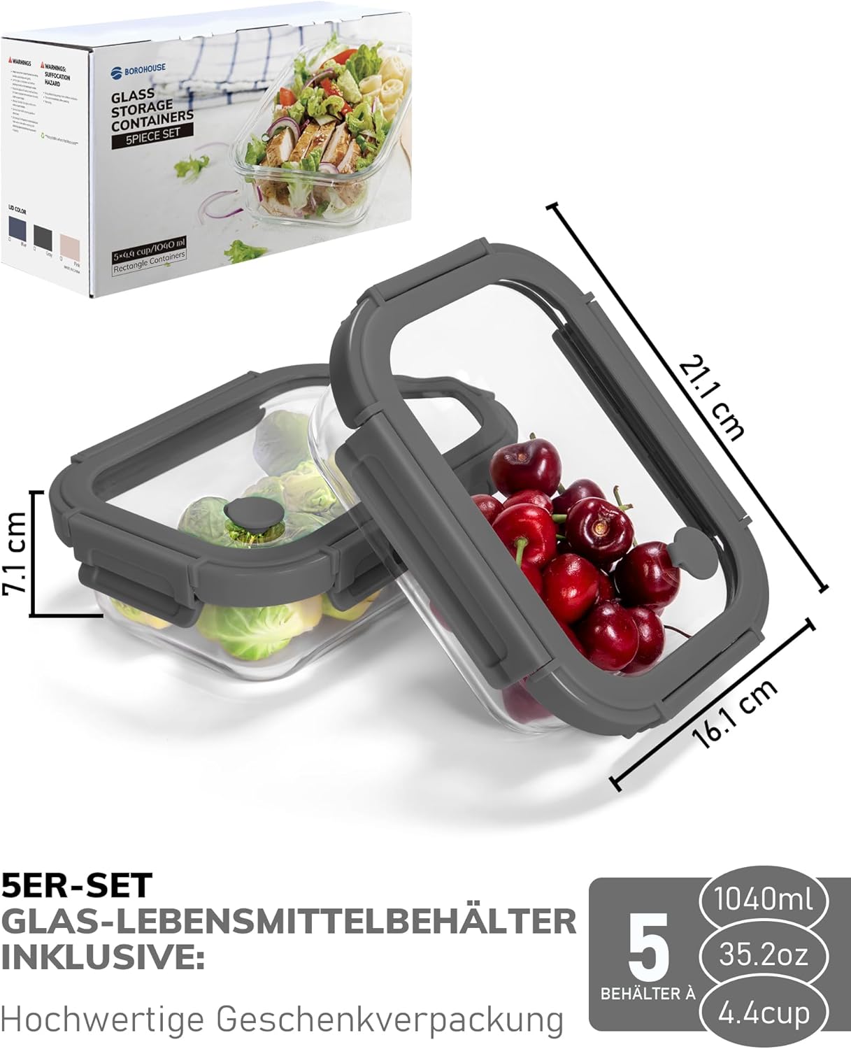 5er-Pack Borosilikatglasbehälter mit gehärtetem Deckel, 1040 ml/4,4 Tassen, luftdichtes Meal-Prep-Set, mikrowellen-/gefriergeeignet/ofenfest -20℃~510℃, Grau – Bild 3