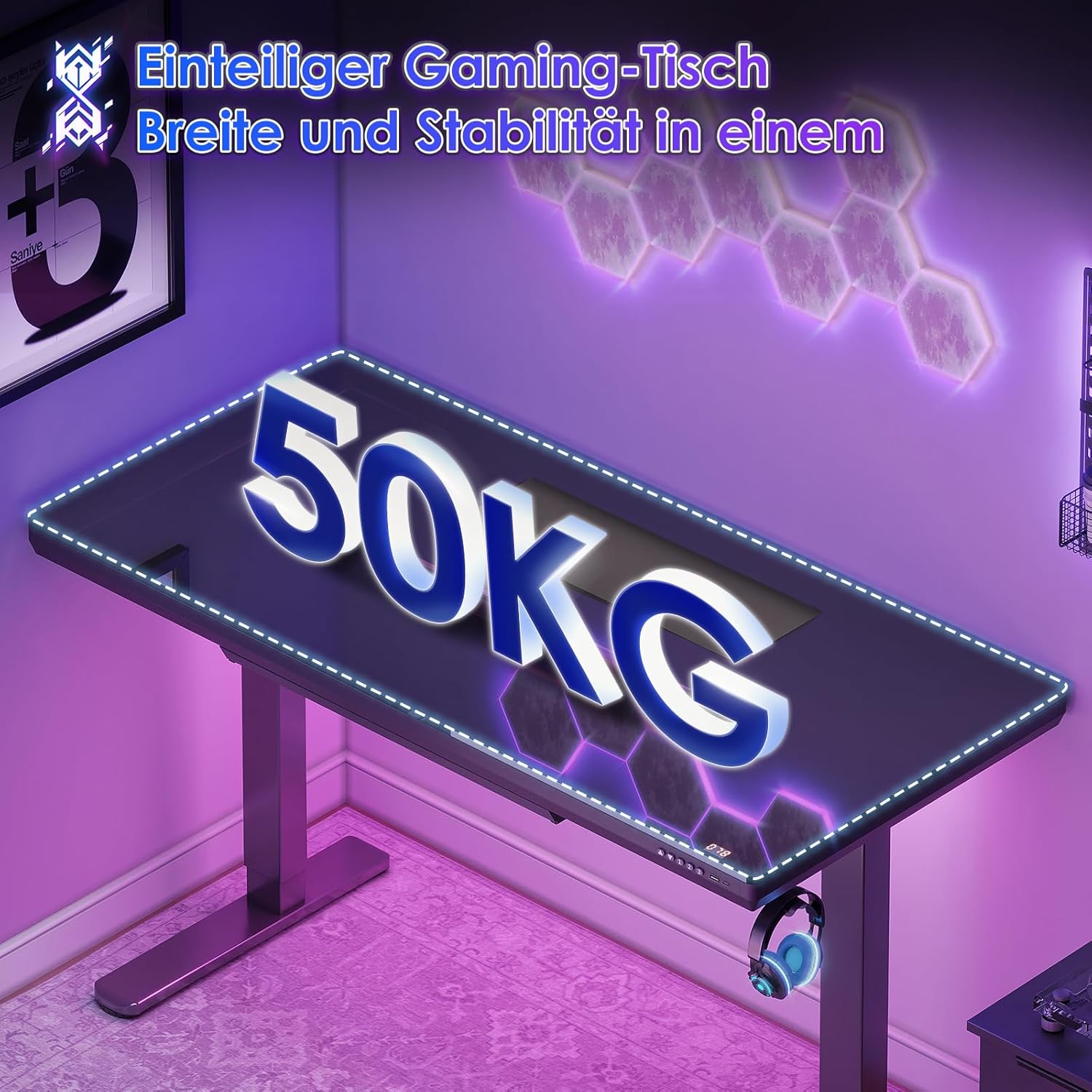 OffiGo Glas höhenverstellbarer Schreibtisch, 140 x 60 cm, elektrischer Schreibtisch mit Schublade, ganze Tischplatte mit USB und Typ-C, Stehpult, Stehsitz, Glastisch für Home Office, Büro, Schwarz – Bild 4