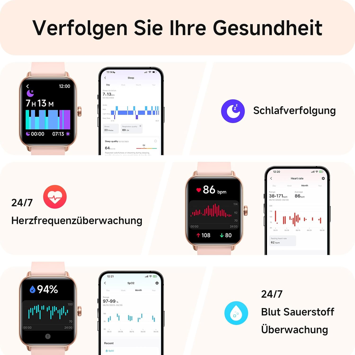 Damen-Smartwatch mit Telefonfunktion, 1,8-Zoll-Smartwatch, Fitnessuhr mit WhatsApp und Alexa, Herzfrequenz-Schlafmonitor, 120+ Sportmodi, Fitness-Tracker, IP68 wasserdichte Uhren Damen für – Bild 3