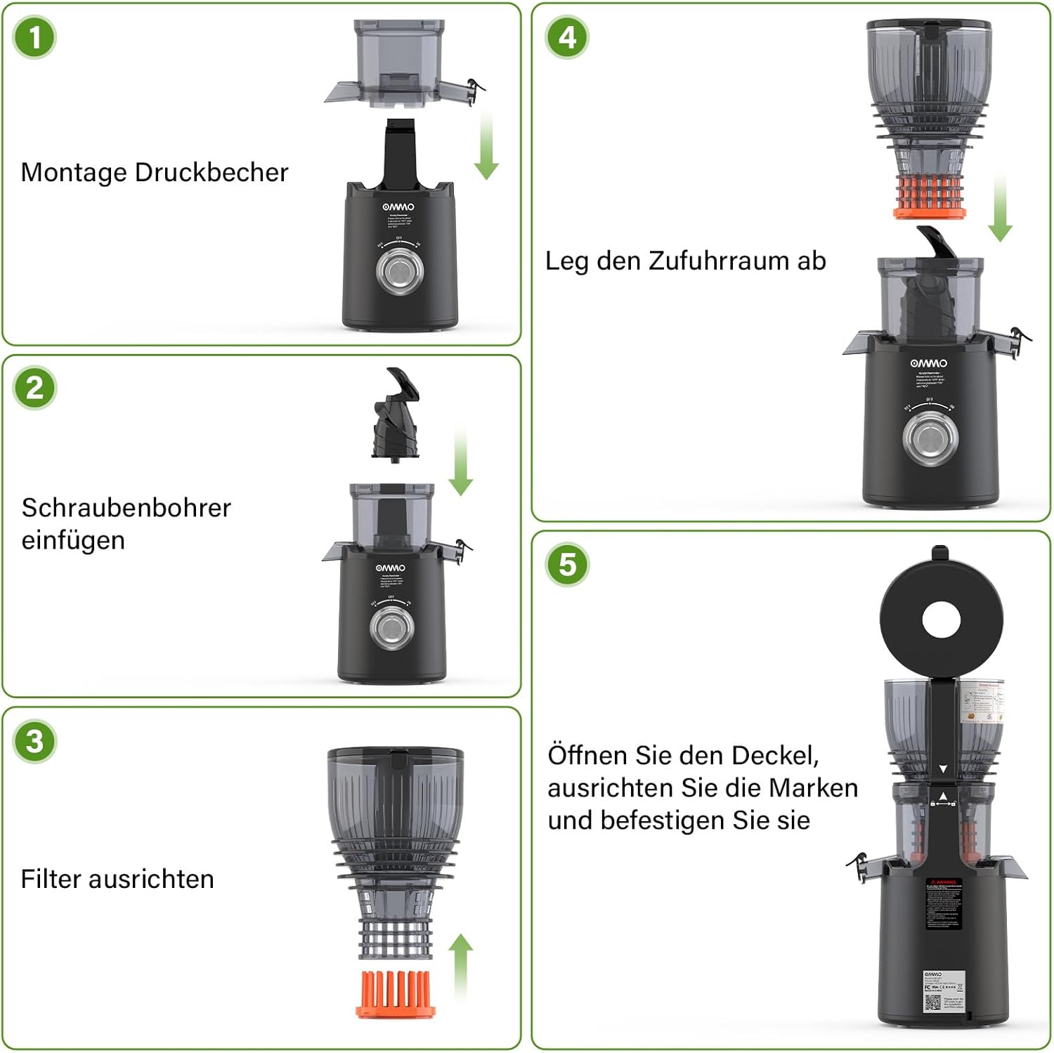 OMMO Slow Juicer, 300 W Entsafter, Gemüse- und Obst-Testsieger mit 148 mm Breite und größerem Einfüllrohr, leicht zu reinigender elektrischer Entsafter mit 2 PC-Bechern, BPA-frei, schwarz – Bild 7