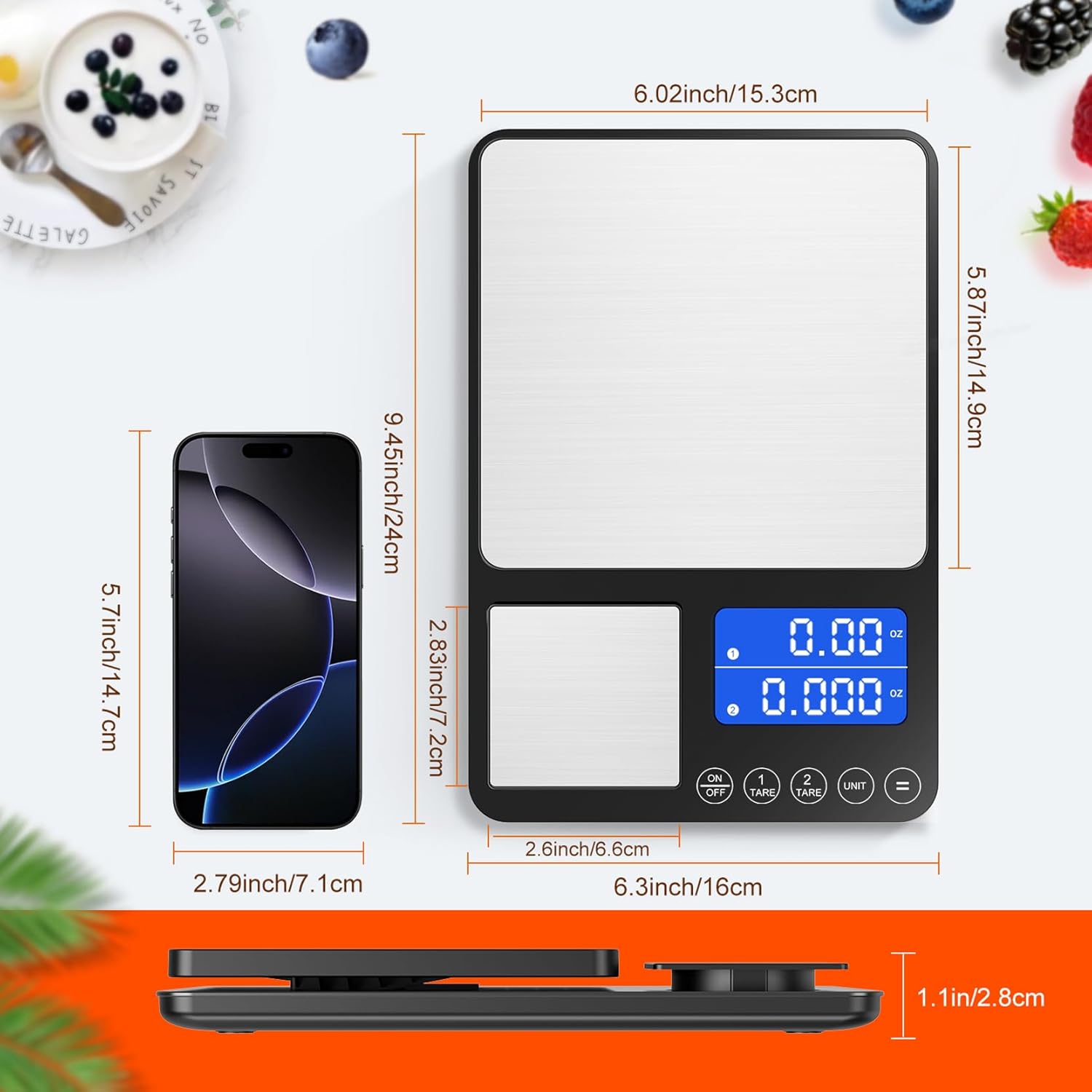 Digitale Küchenwaage mit Doppelplattform, präzise Messung von 500 g/0,01 g und 15 kg/1 g, Tara- und Summierfunktion, 7 Einheiten Lebensmittelwaage zum Kochen, Backen, für Fitness-Mahlzeiten und für den professionellen Küchengebrauch – Bild 7