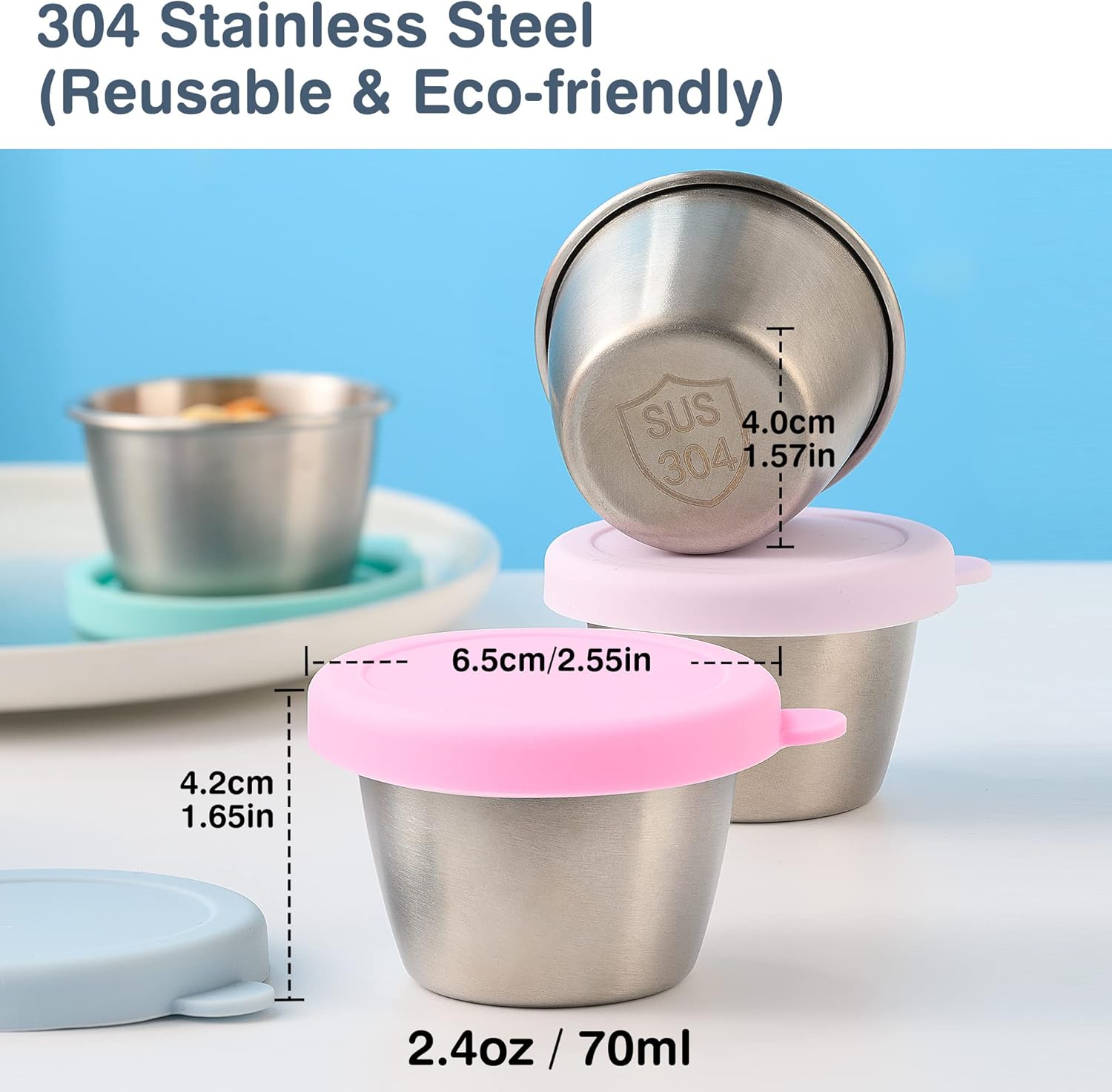 Homotte 70 ml Salat-Dressing-Behälter (6 Stück) – kleine Behälter aus lebensmittelechtem Edelstahl für Soße, Dip, Bento-Lunchbox und Essenszubereitung – auslaufsichere Dressing-Behälter mit Silikondeckel – Bild 2