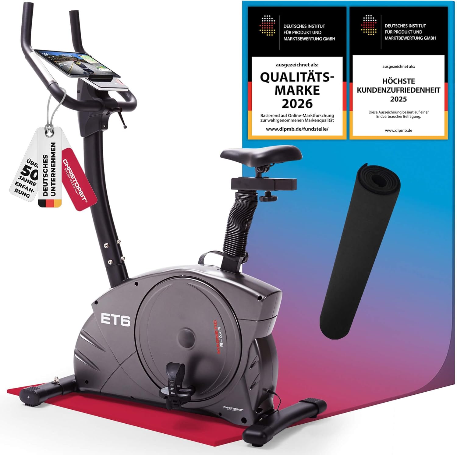 Christopeit Ergometer Heimtrainer Indoor Fahrrad ET 6 mit 24 Widerstandsstufen, bis 150 kg und 200 cm, 12 kg Magnetbremssystem, Kinomap, Bluetooth, Pulsmessung