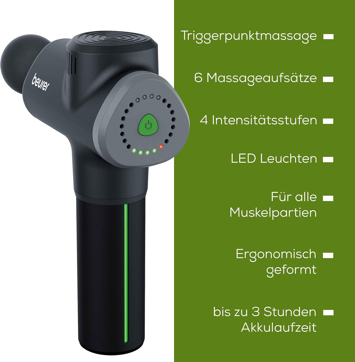 Beurer MG 180 Massagepistole, Massagepistole mit 6 Aufsätzen, 4 Intensitätsstufen für gezielte Muskelmassage, anwendbar für alle Muskelgruppen zur Aktivierung und Regeneration – Bild 7