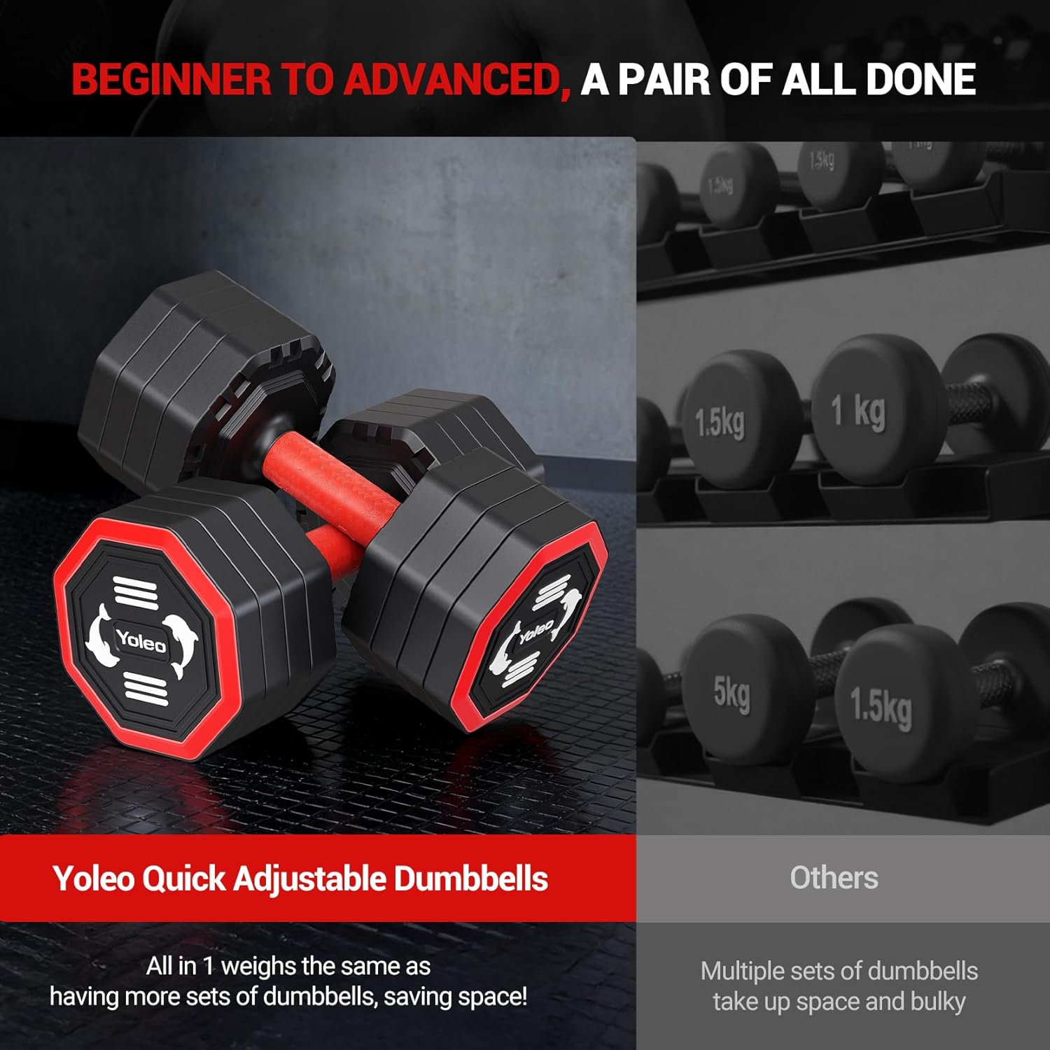 Yoleo Hantelset Verstellbare Hanteln, Adjustable Dumbbell Set 4 in 1 Premium Drehbare Befestigungsart Gewichte Tai-Chi-Stil 2/4/6/8/10/20/KG Kombinieren Sie es mit einem weichen TPU-Gummigriff – Bild 6