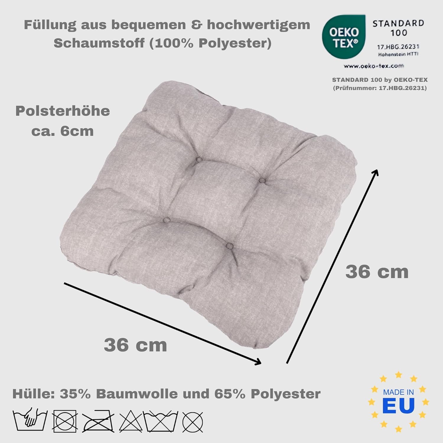 HLKauf 4er-Set graue Sitzkissen, 36 x 36 x 6 cm, weiche Kissen, für Garten, Camping, Gastronomie oder Bistro, Öko-Tex und hergestellt in der EU – Bild 3