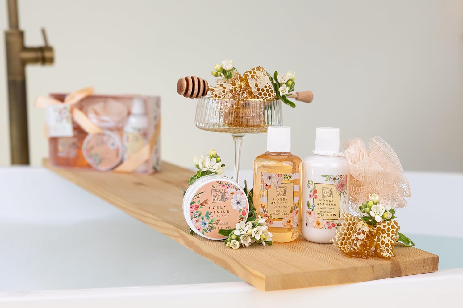 Accentra Honey Jasmine Damen-Duschset in schöner Geschenkbox, 4-teiliges Pflegeset mit Duschgel, Bodylotion, Körperbutter und Mesh-Schwamm, Geschenkset für Geburtstag und Valentinstag – Bild 8
