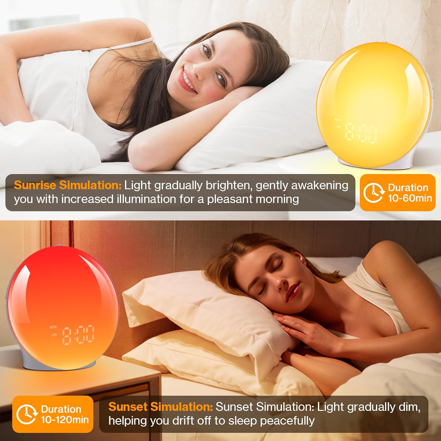 Cadrim Tageslichtwecker, Wecklicht, Radiowecker, Sonnenaufgang, Sonnenuntergang, mit Dual-Wecker, 15 Lichtern, 7 natürlichen Geräuschen, UKW-Radio und Schlummerfunktion – Bild 3