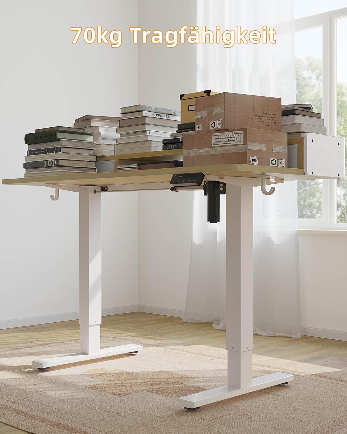 YIHAYO Höhenverstellbarer Schreibtisch mit Schubladen und Monitorständer, 140 x 60 cm, elektrischer Schreibtisch, Stehpult mit Memory-Funktion, Natur – Bild 4