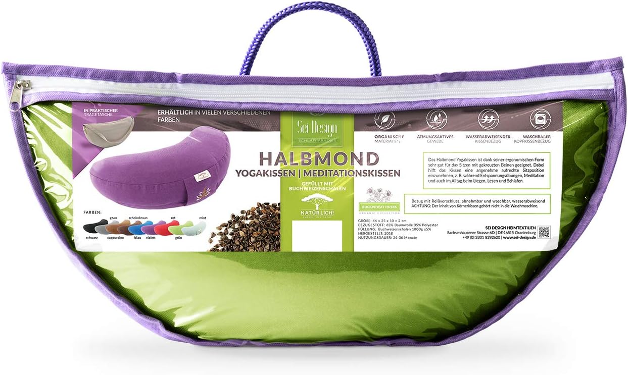 sei Design Halbmond-Yogakissen, Meditationskissen, Yogakissen mit Buchweizenschalenfüllung, Yogablock-Bodenkissen, großes Meditationssitzkissen, 46 x 25 x 10 cm, grün – Bild 9