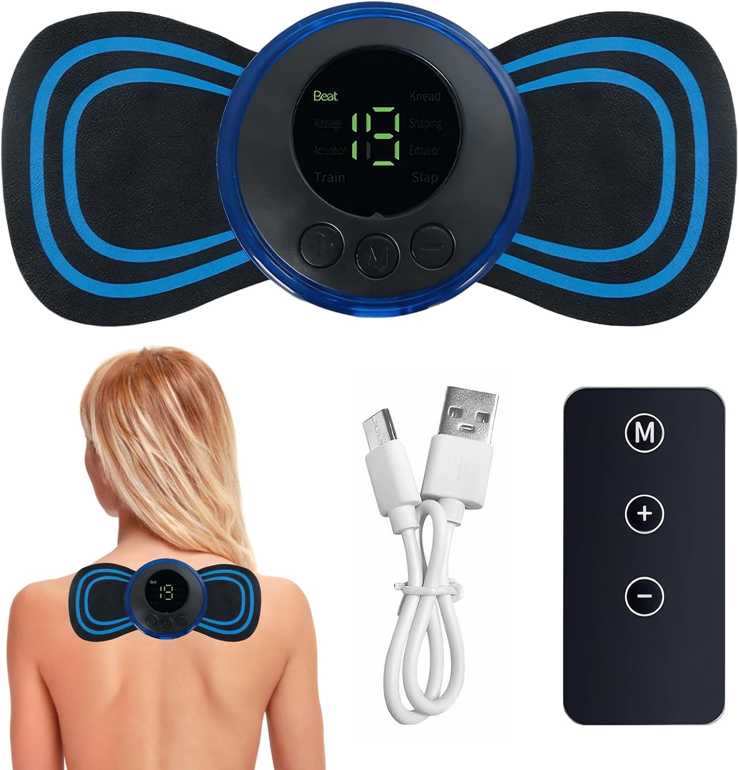 Elektrisches Nackenmassagegerät, tragbares Nackenmassagegerät, 8 Geschwindigkeiten und 19 Modi, USB-Mini-Massagegerät, Ems-Massagegerät mit Digitalanzeige und Fernbedienung, für Arme/Schultern/Nacken/Rücken/Bauch