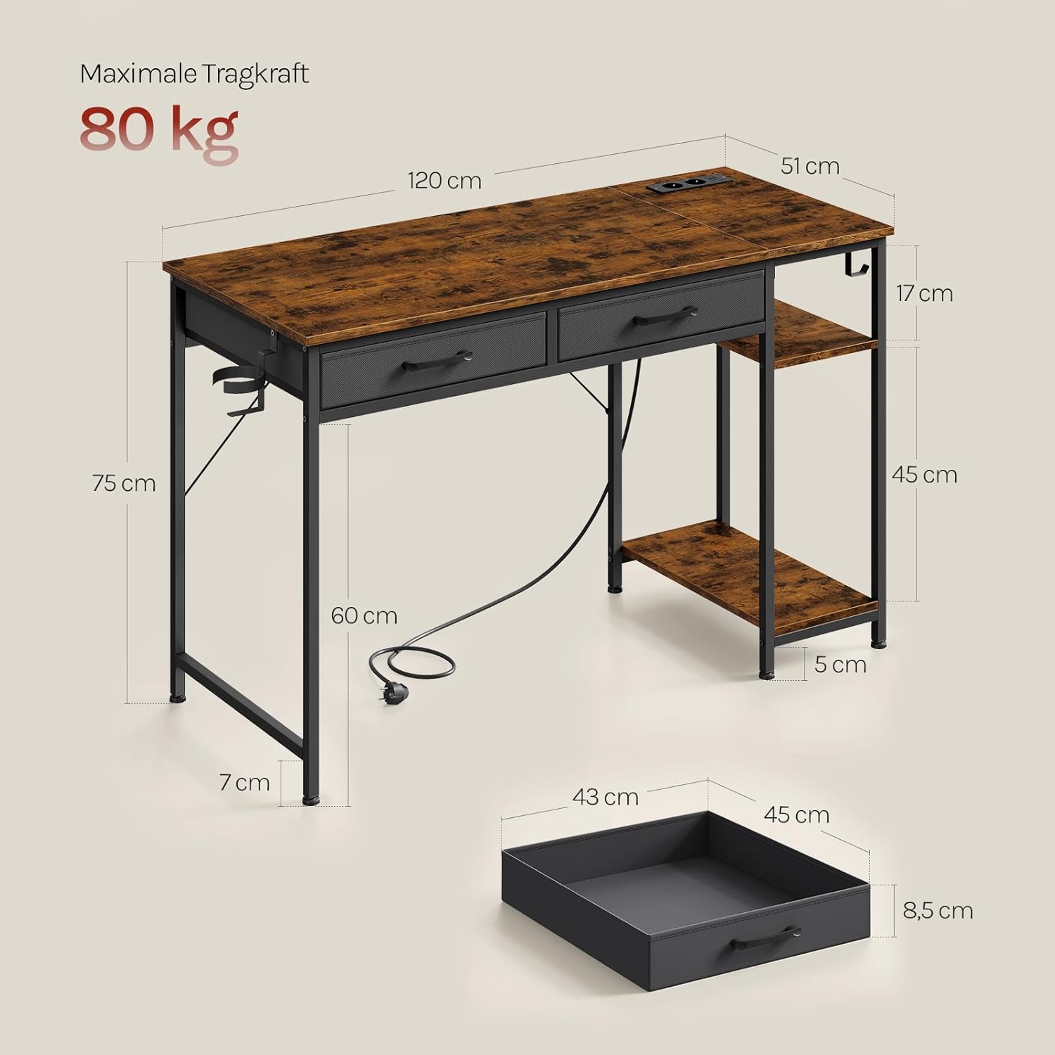 WOLTU Schreibtisch mit 2 Schubladen, 2 Steckdosen, USB- und Typ-C-Anschluss, Kopfhörerhaken und Ablagen – Computertisch für Büro und Wohnzimmer, 120 x 51 x 75 cm, Rustikales Braun – Bild 3