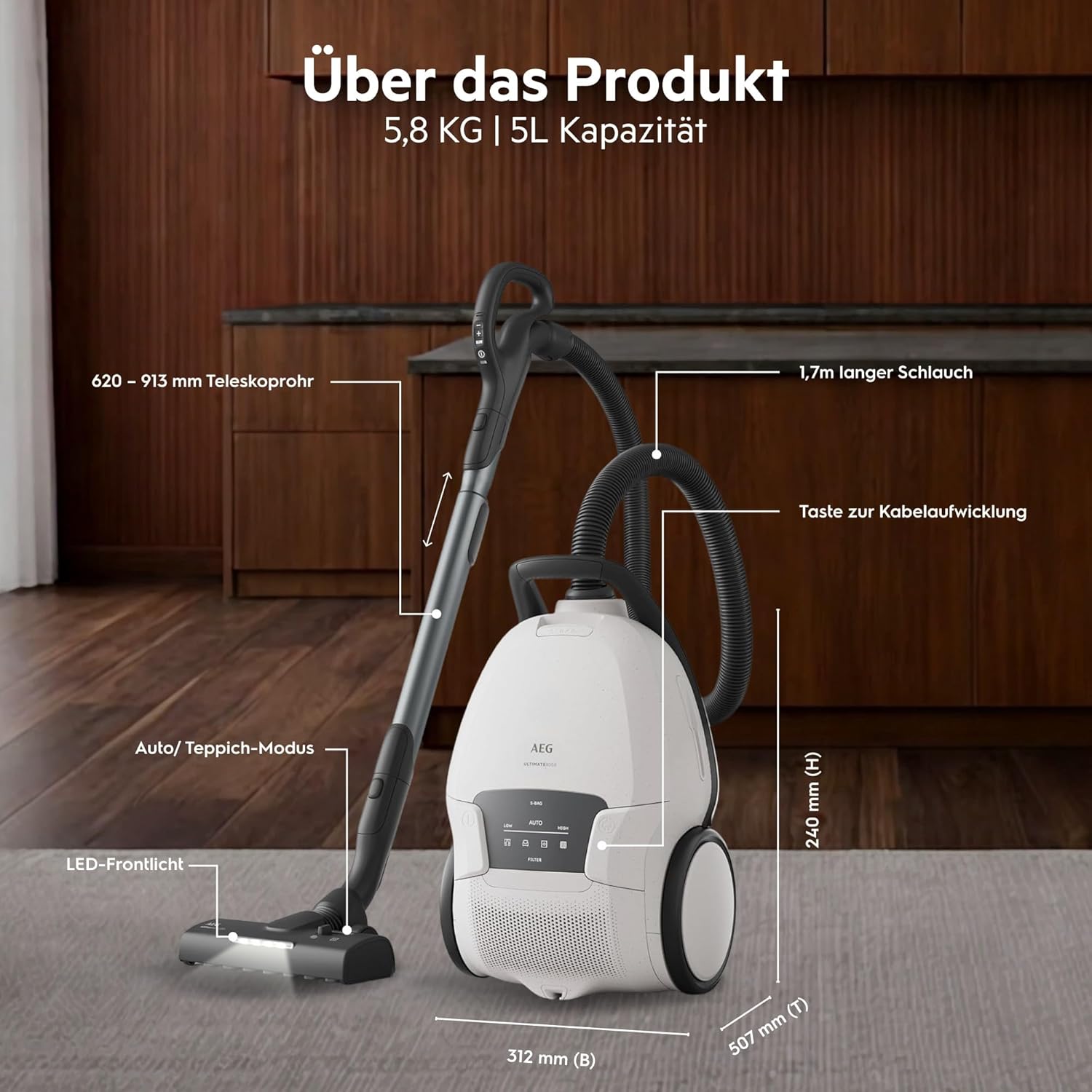 AEG Ultimate 8000 Staubsauger mit Beutel, Testsieger der Stiftung Warentest, hohe Saugleistung, Auto-Modus, alle Böden, 48 % recycelter Kunststoff, 3-in-1-Düse, HEPA-Filtration, 12 m, LED-Licht, AB81U1SW – Bild 2