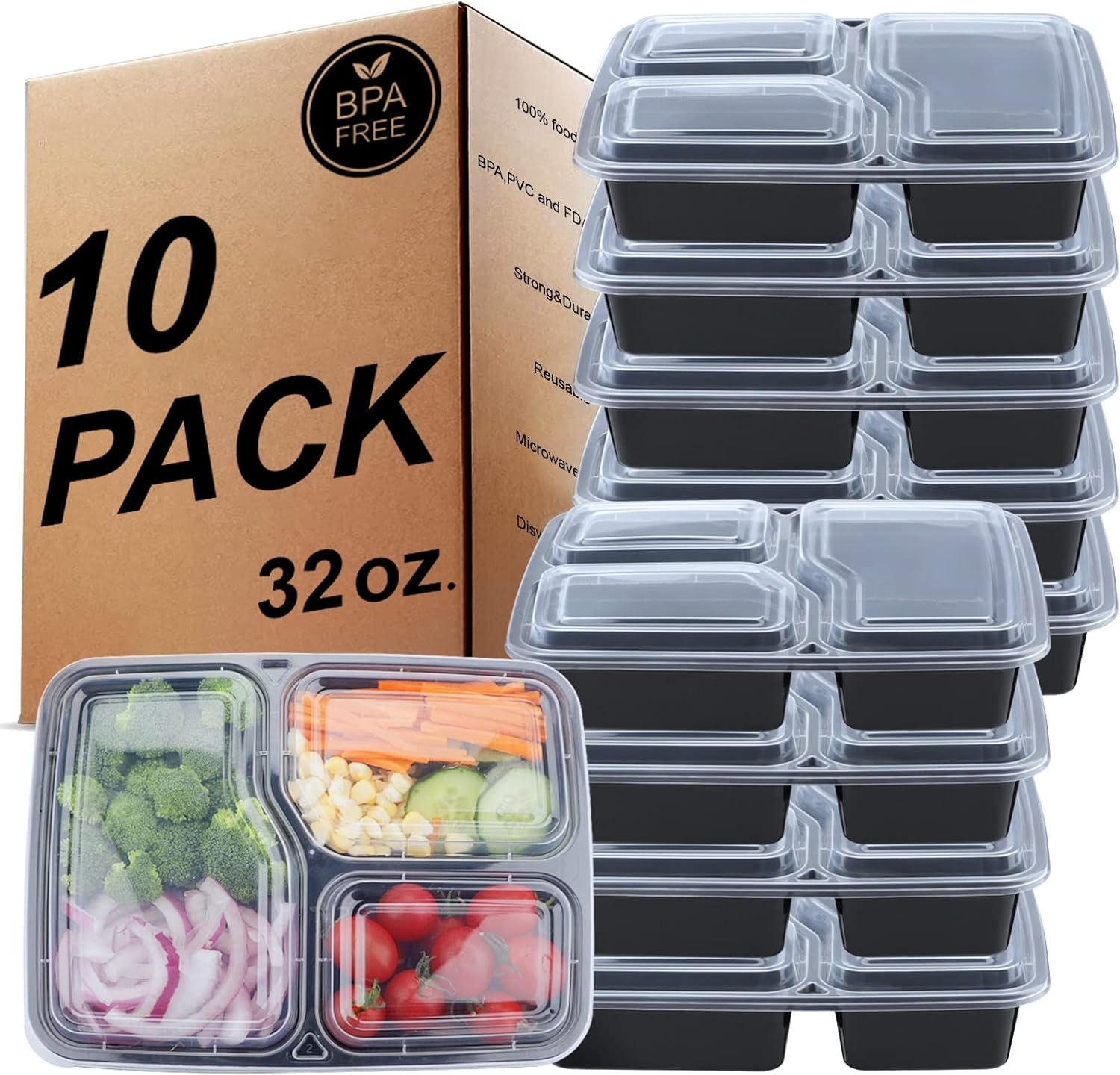 Behälter für die Zubereitung von Mahlzeiten mit 3 Fächern – Bento-Lunchboxen, BPA-freie wiederverwendbare Lebensmittelaufbewahrung mit luftdichtem Deckel, gefrier-, mikrowellen- und spülmaschinenfest – 10 Stück, 32 oz