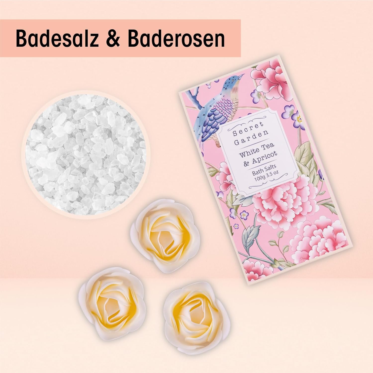 Accentra Secret Garden Geschenkset in großer Holzlaterne, inklusive Duschgel, Schaumbad, Körperpeeling, Körperlotion, Handcreme, Badesalz und Kerze, Wellness-Pflegeset für Frauen mit Duft von weißem Tee und Aprikose – Bild 5