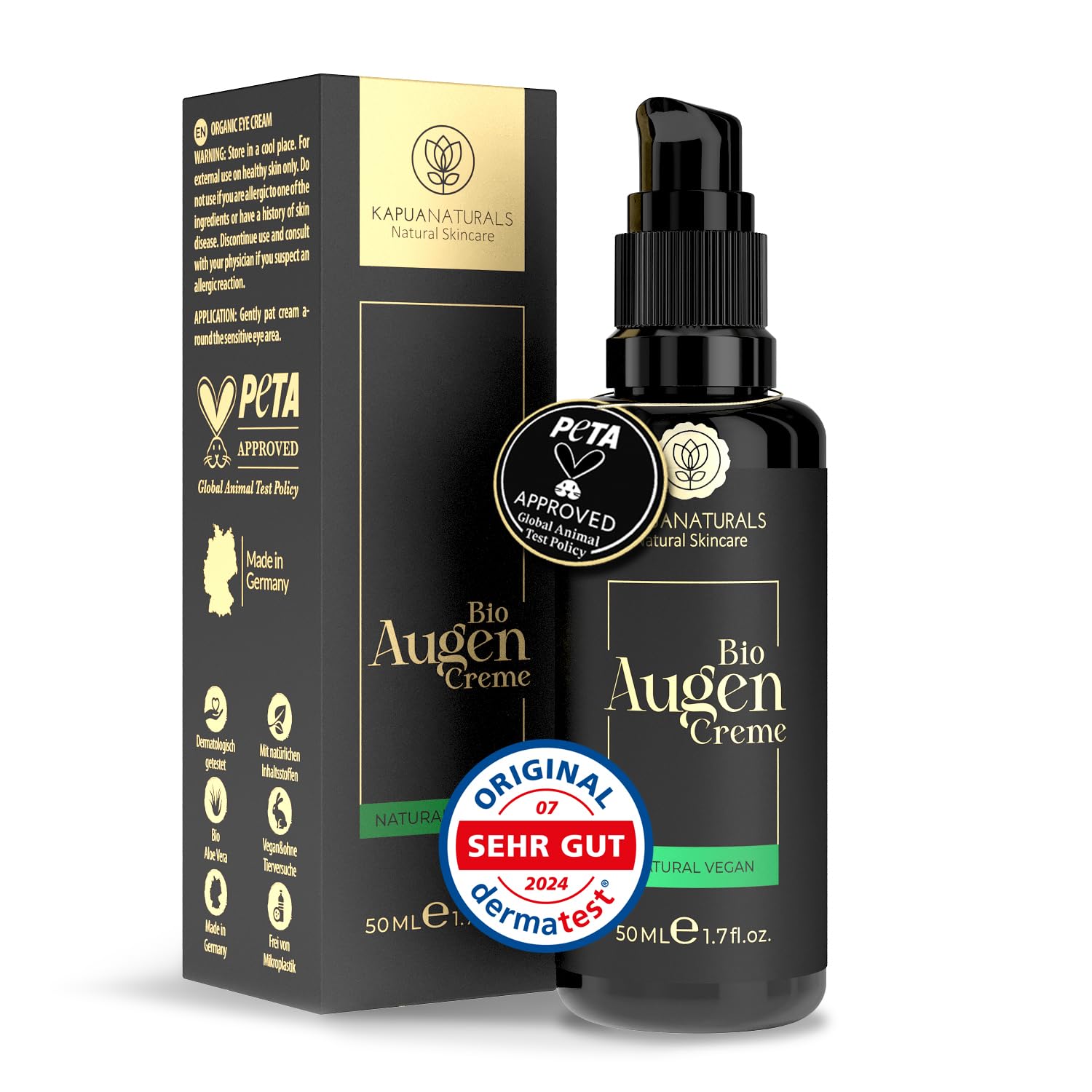 Bio-Augencreme hochdosiert 50 ml + Hyaluronsäure + Allantoin + Arganöl • 100 % vegan & biologisch • Augencreme gegen Falten & Augenringe • Premium Anti-Aging Augenpflege Made in Germany • Augenringe entfernen