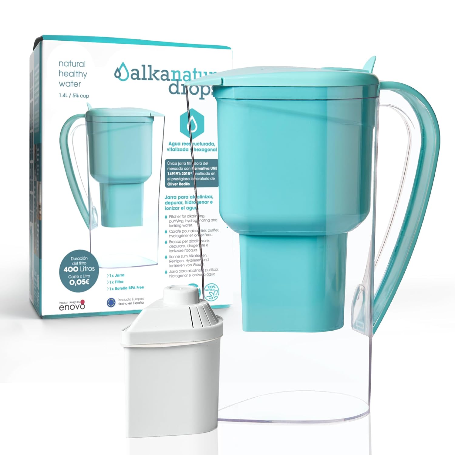 Wasserfilterkanne 1,4 L – Aktivkohlefilter aus Kokosnuss – BPA-frei – ohne Ionenaustauscher – Kalkfilter für Trinkwasser & Leitungswasser – pH 9 – Wasserfilterkanne – Filterkanne ALKANATUR