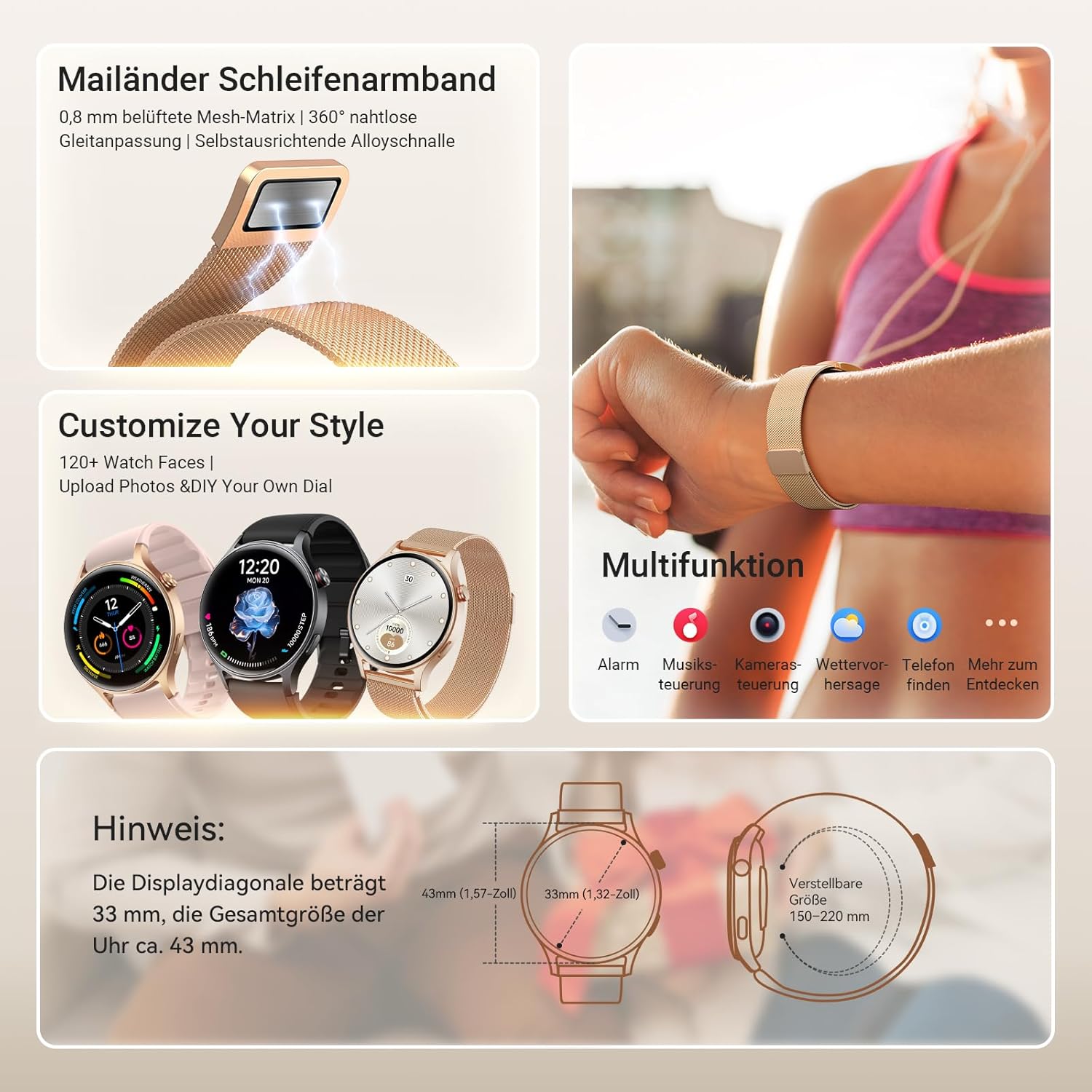 Smartwatch Damen Herren rund mit Telefonfunktion 1,32 Zoll AMOLED Display, Fitnessuhr mit 110+ Sportmodi & 3ATM, Uhren Damen Herren für iOS/Android Schrittzähler mit Herzfrequenzmesser Schlafmonitor Gold – Bild 8