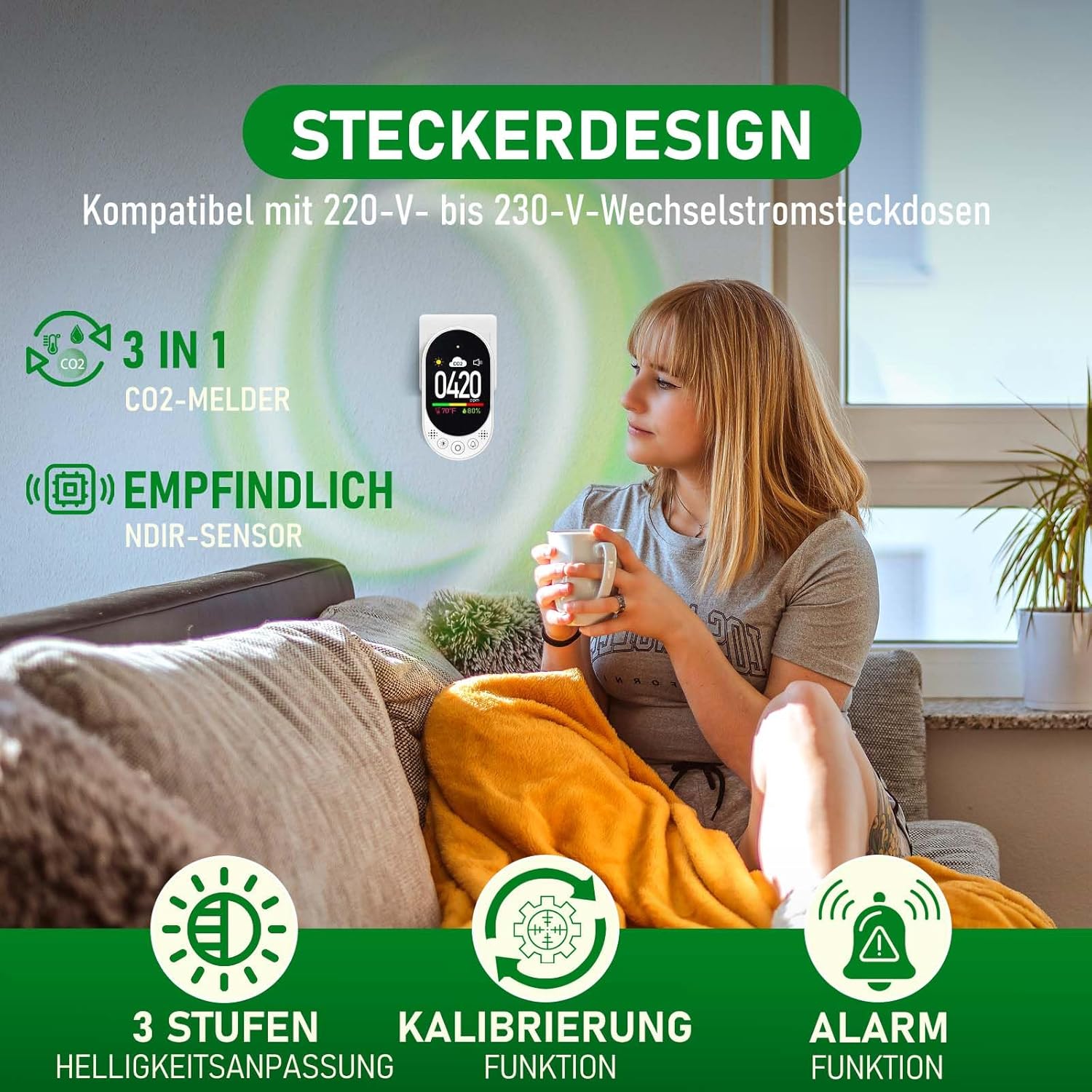 LSENLTY Kohlendioxid-Messgerät, 3-in-1-CO2-Messgerät (Temperatur, Luftfeuchtigkeit und CO2-Wert), hochpräzises CO2-Detektormessgerät, Luftqualitätstester mit Alarmfunktion und manueller Kalibrierung – Bild 3