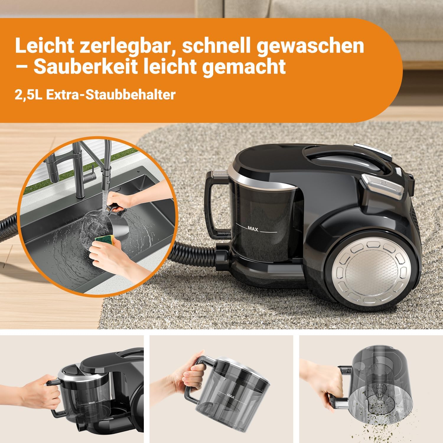 Staubsauger ohne Beutel, 1200 W, starke Saugleistung, kompakter leichter Staubsauger ohne Beutel, leise – Bild 6