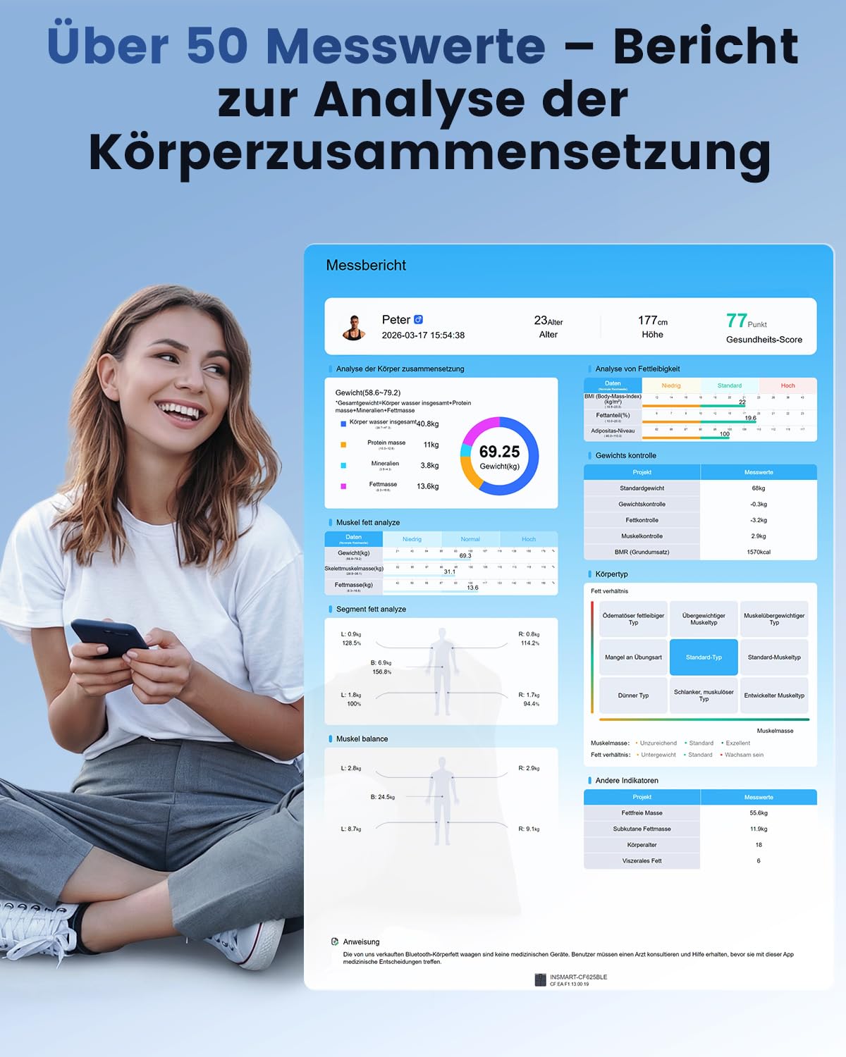 INSMART Körperfettwaage, 8 Elektroden, digitale Personenwaage, misst 56 Körperparameter, einschließlich BMI, Körperfett und Muskelmasse, VA-Farbdisplay und einziehbarer Griff, maximale Tragfähigkeit 227 kg – Bild 5