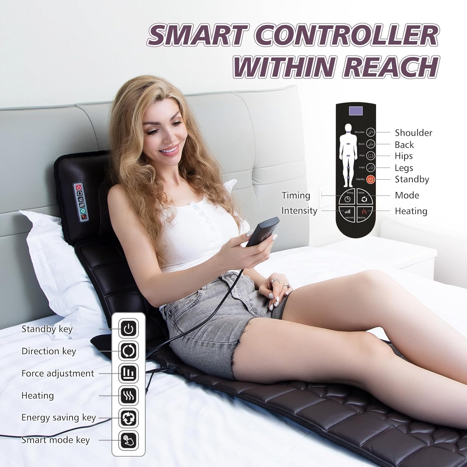 Ganzkörper-Massagematte mit Wärmefunktion, abnehmbares Nackenmassagegerät, verschiedene Massagemodi für den ganzen Körper, Massagekissen mit 10 Vibrationsmotoren und 9 Geschwindigkeitsstufen für – Bild 7