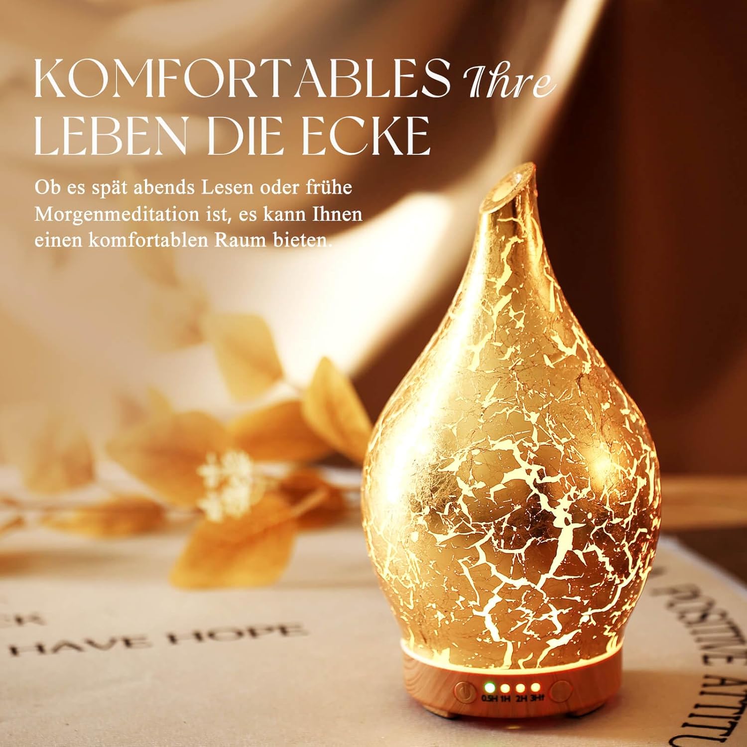 Porseme Aroma-Diffusor 150 ml, mundgeblasener Glas-Luftbefeuchter, Ultraschall-Aromatherapie-Öle-Diffusor mit 7 farbigen LED-Lichtern, Diffusor für ätherische Öle mit Timer, BPA-frei für Zuhause (vergoldet) – Bild 5