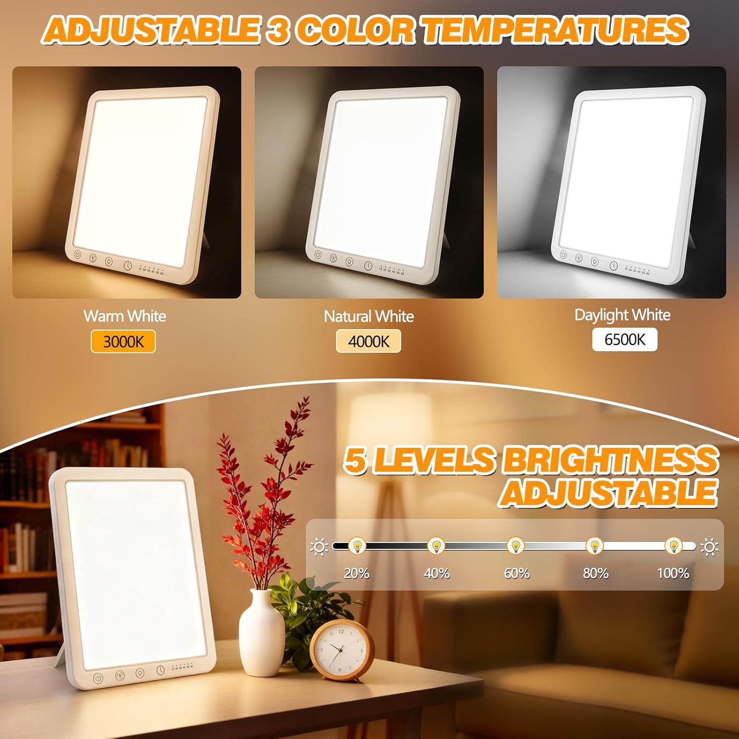 Tageslichtlampe, 15.000 Lux, dimmbar, UV-freie LED-Lichttherapielampe, 6 Timer, 180°-Halterung, Touch-Steuerung, Sonnenlichtlampe für Depressionen, Vollspektrumlampe für Zuhause/Büro – Bild 3