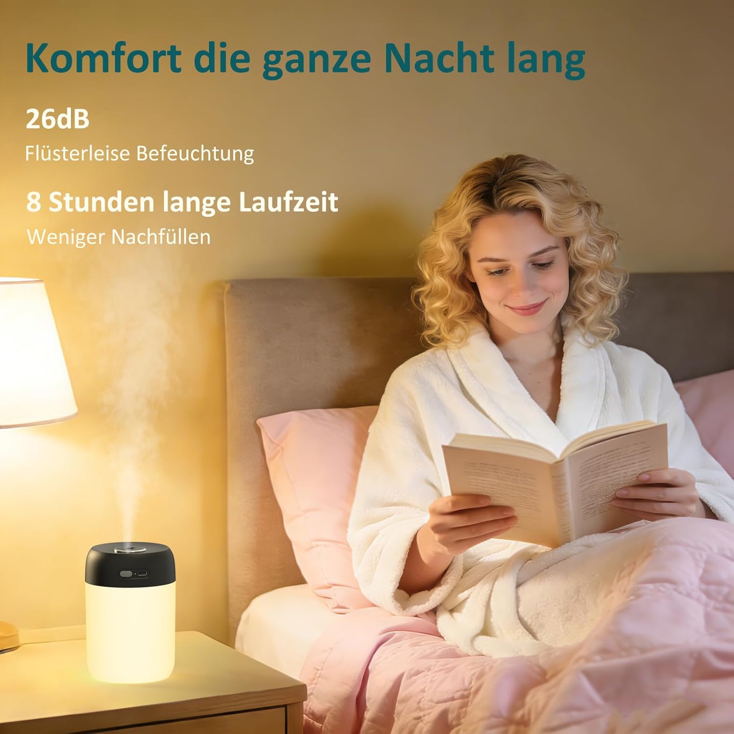 Kissleaf Luftbefeuchter für Schlafzimmer und Kinderzimmer, 650 ml, tragbarer Mini-Raumbefeuchter, leiser Tischbefeuchter ohne Kabel, schwarz – Bild 3