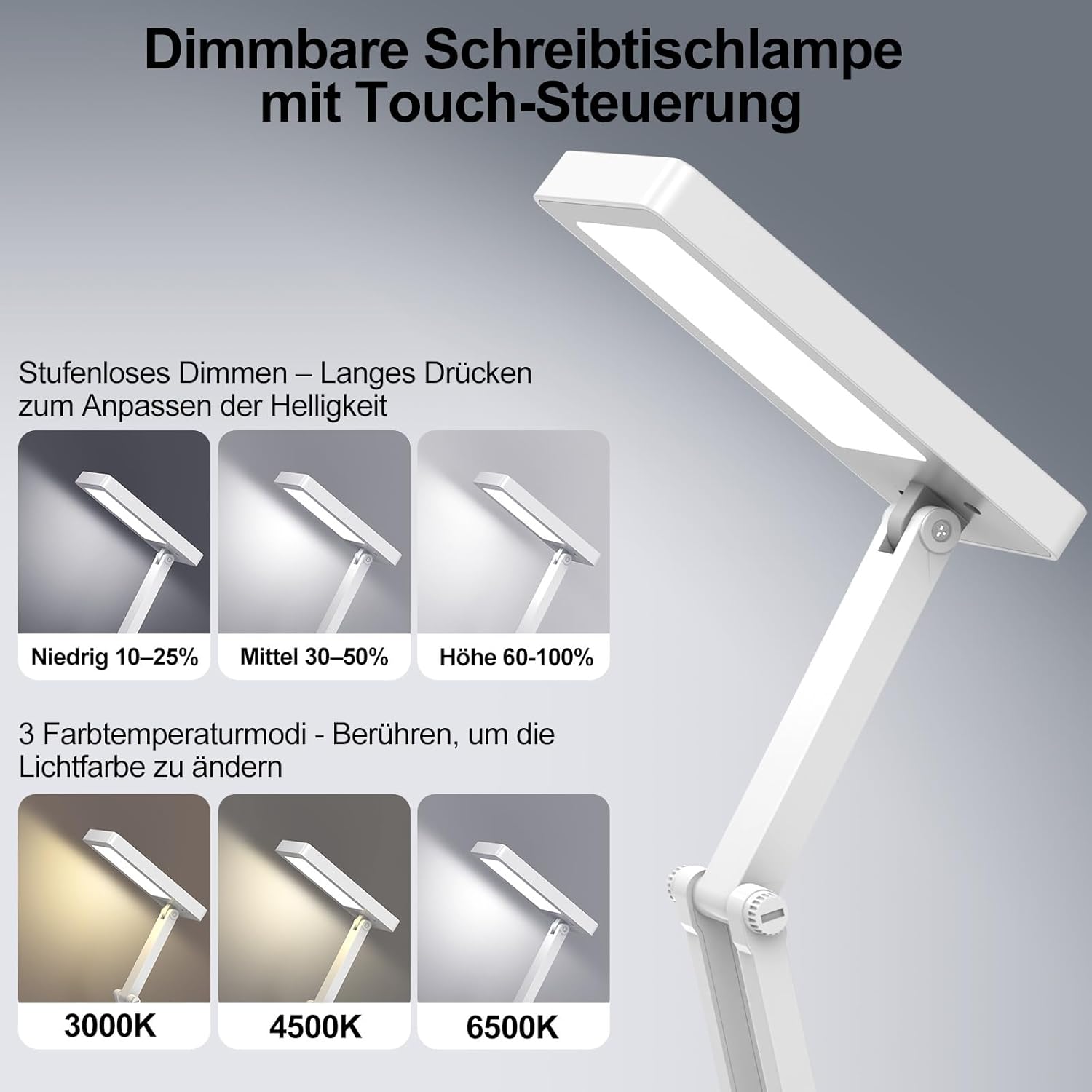 Suright LED-Tischlampe, kabellose Akku-Lampe, faltbare Touch-Schreibtischlampe, Nachttischlampe, dimmbare Tischlampe mit 3 Lichtmodi, wiederaufladbare USB-Schreibtischleuchte für Schlafzimmer, Lesen, Lernen – Bild 3