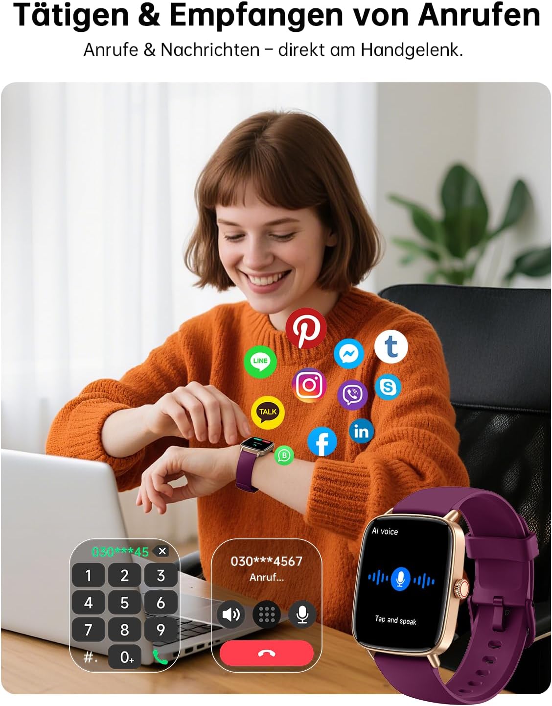 Damen Smartwatch mit Telefonfunktion 1,85 Zoll 2 Armbänder Fitnessuhr Fitnesstracker Herzfrequenz/SpO2/Schlaf/IP68 Wasserdicht Sportuhr Schrittzähleruhr für Samsung Android iOS Lila – Bild 2