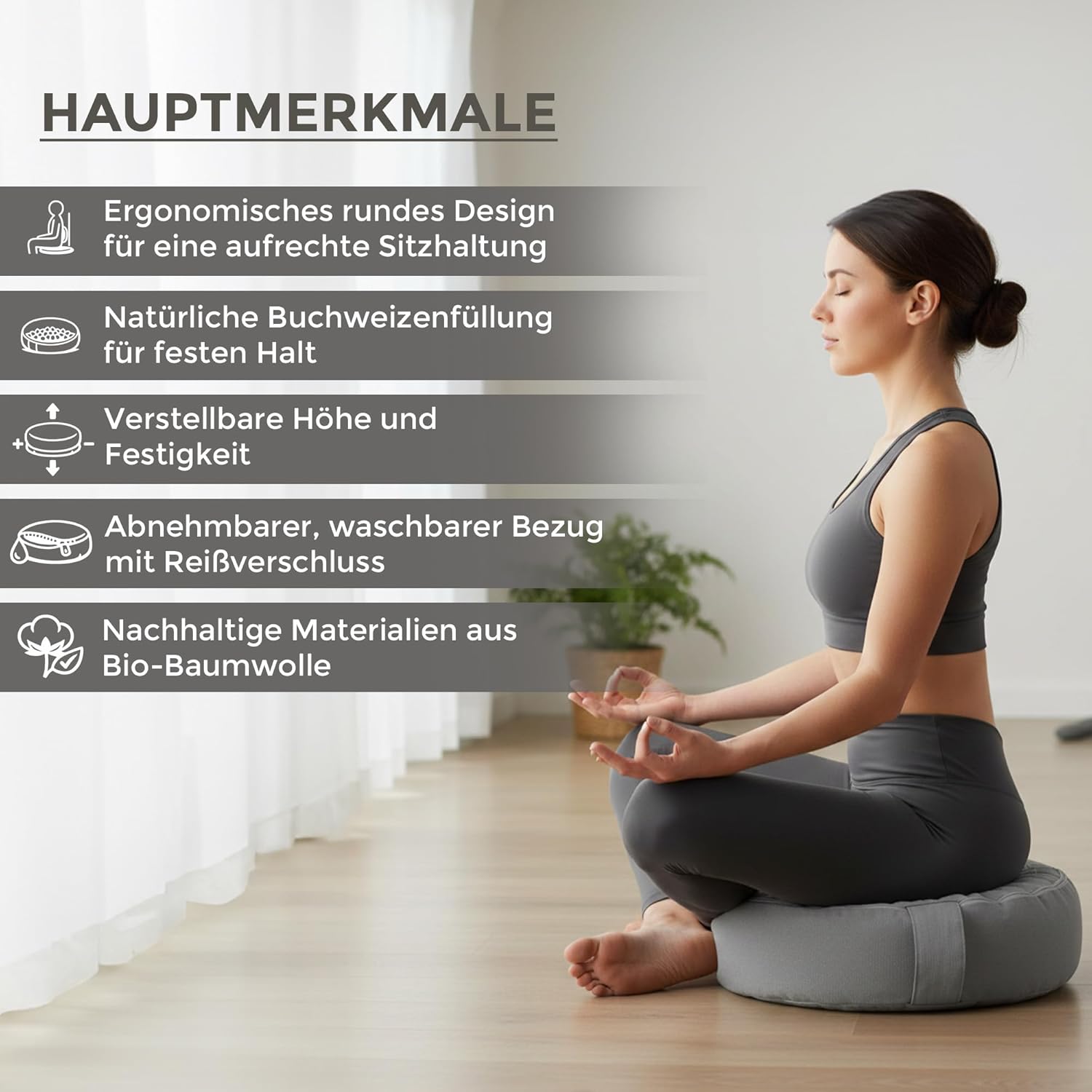 Omok Ergonomisches Yogakissen für Meditation & Entspannung, abnehmbares & waschbares rundes Sitzkissen mit Buchweizenfüllung, nachhaltiges Boden- & Sitzkissen (Grau, 35 x 13 cm) – Bild 2