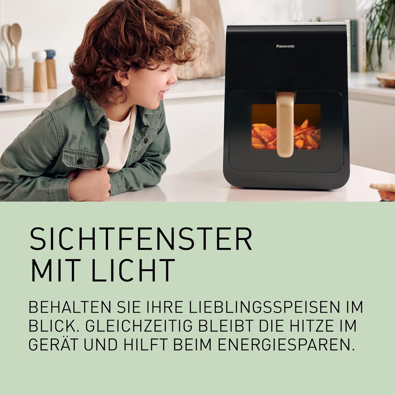 Panasonic NF-CC600AXE Heißluftfritteuse mit Sichtfenster, 6 l, 80–200 °C, digitaler Timer und LCD-Display, sanfte Dampfzugabe, 11 Voreinstellungen, einfache Reinigung, schwarz mit roségoldenem Griff – Bild 5