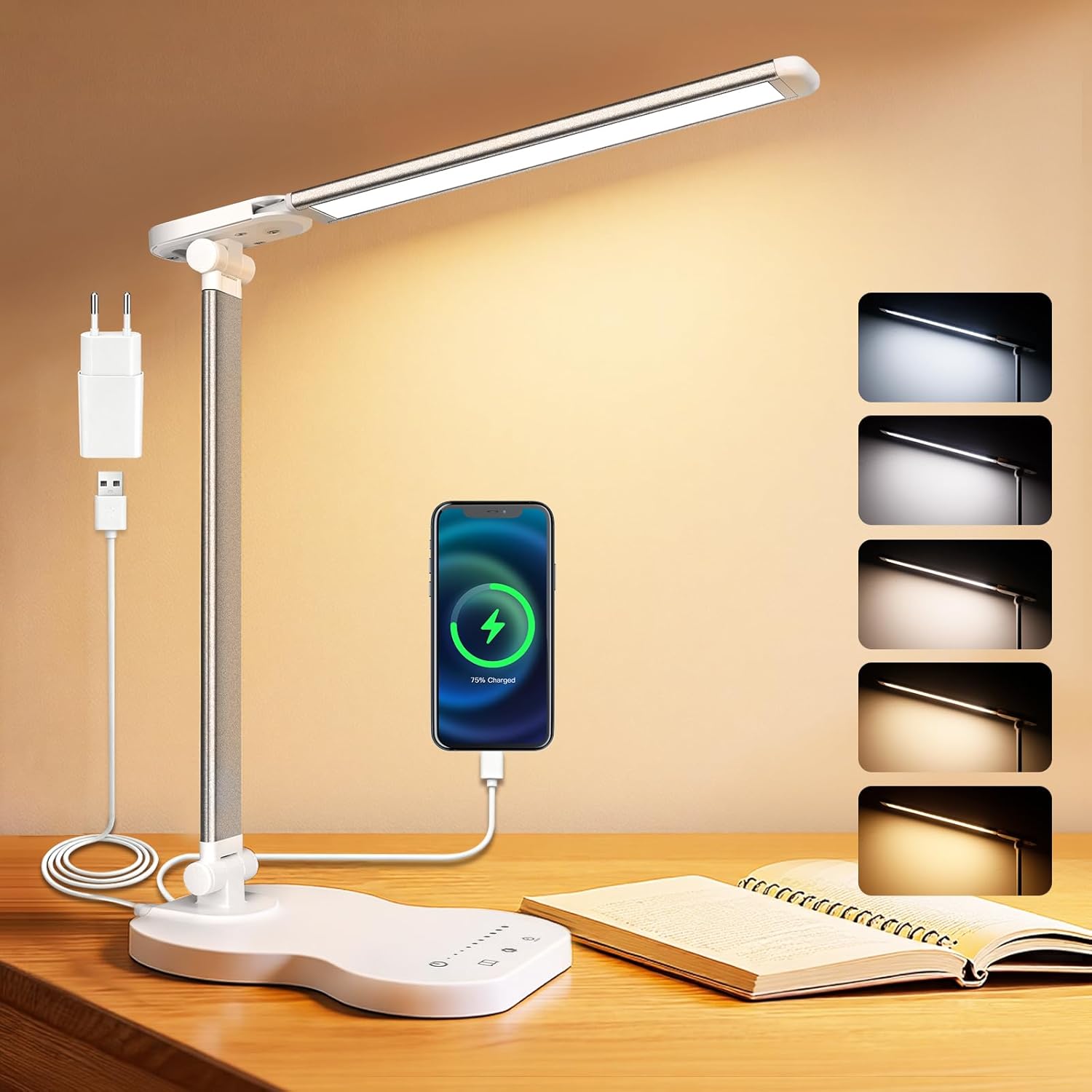 Caldarax Schreibtischlampe LED Dimmbar, Augenschutz Schreibtischlampe, 5 Farben und 10 Helligkeitsstufen, mit Timer und Touch-Steuerung, Tischlampe USB-Anschluss zum Lesen, Büro, Nachttisch, Arbeitszimmer (Weiß)