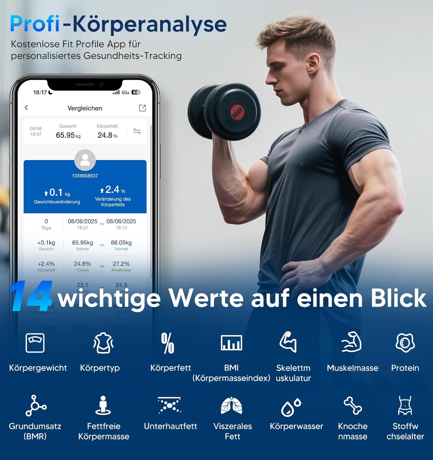 GE Digitale Körperfettwaage mit großem Display, intelligente Waage mit Körperfett und Muskelmasse mit App, 14 Körpermessungen, BMI, Bluetooth-Personenwaage bis 180 kg/400 lb – Bild 3