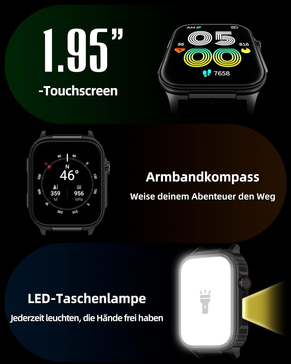 Parsonver Herren-Smartwatch mit integriertem GPS, 10 Tage Akkulaufzeit, Fitnessuhr mit Bluetooth-Anrufen, 100+ Sportmodi, Herzfrequenz, Schlaf, 400+ Zifferblätter, Kompass, (Schwarz, 1,95 Zoll) – Bild 6