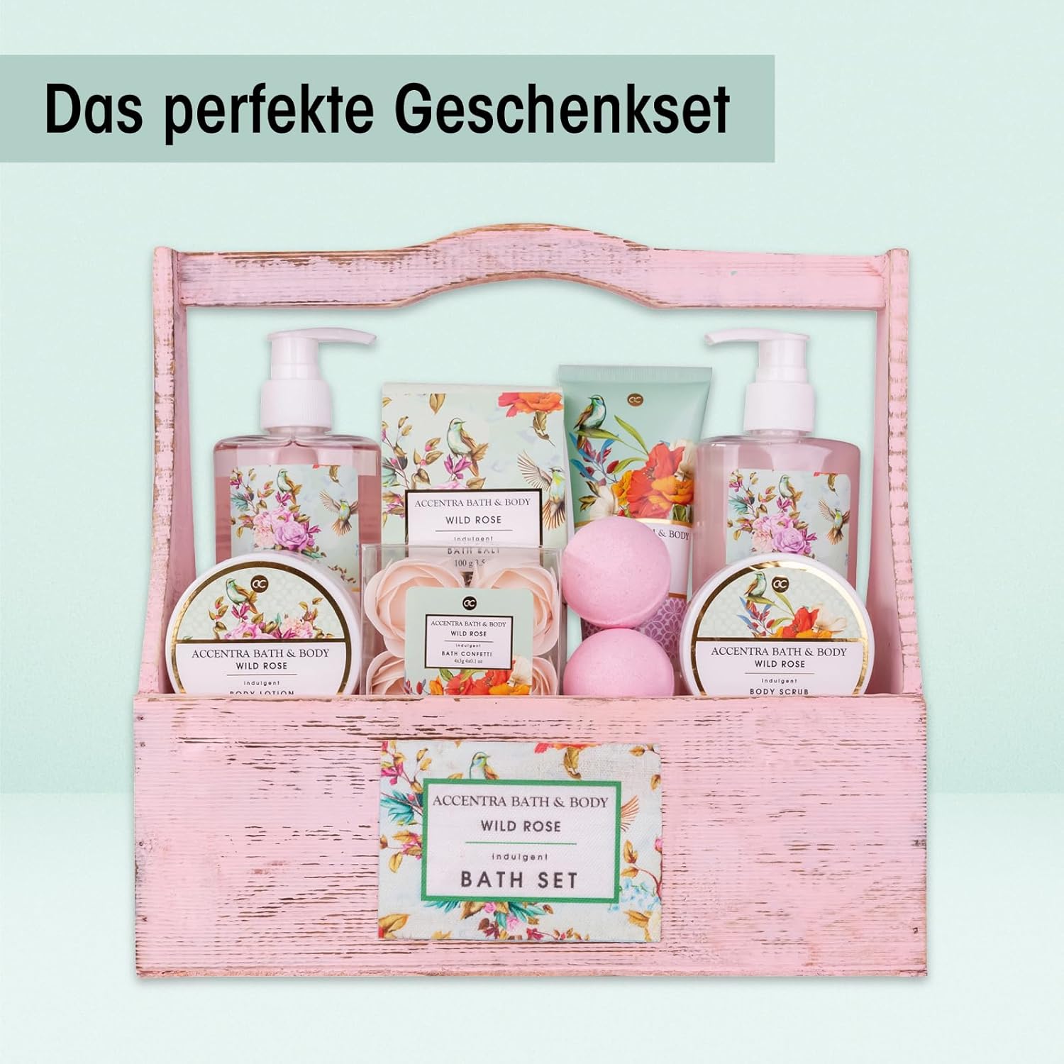 Accentra Duschset Damen Geschenkset im Holzkorb – 8-teiliges Pflegeset mit Duschgel, Körperlotion, Badezusätzen, Peeling & Handcreme – Wellness-Geschenkset für Geburtstag, Valentinstag & Weihnachten – Bild 3