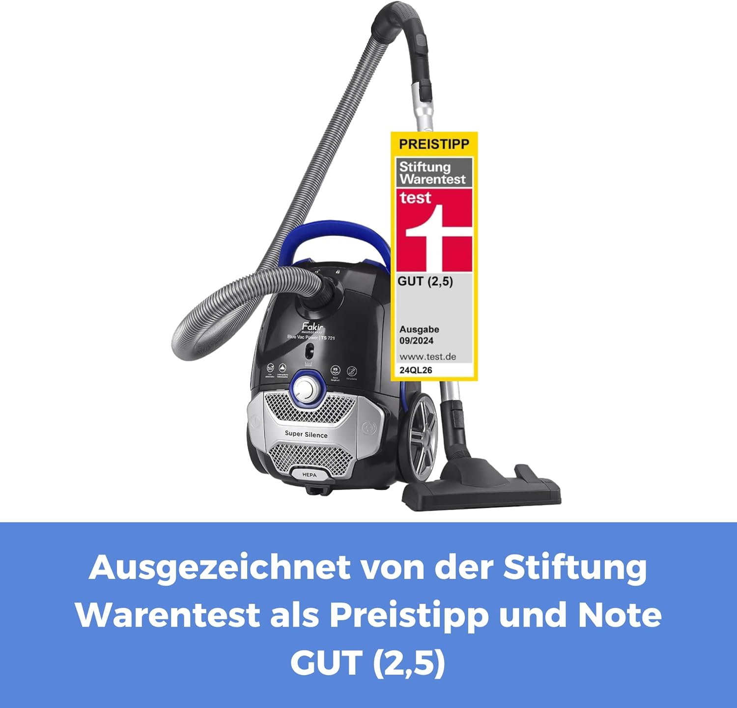 Fakir Blue Vac Power TS 721 Staubsauger mit Beutel 800 W, Bodenstaubsauger mit Kabel, HEPA H14 Filter, sehr leiser Hochleistungsmotor 69 dB(A), großer 3 L Staubbeutel & 12 m Aktionsradius, Schwarz/Blau – Bild 3